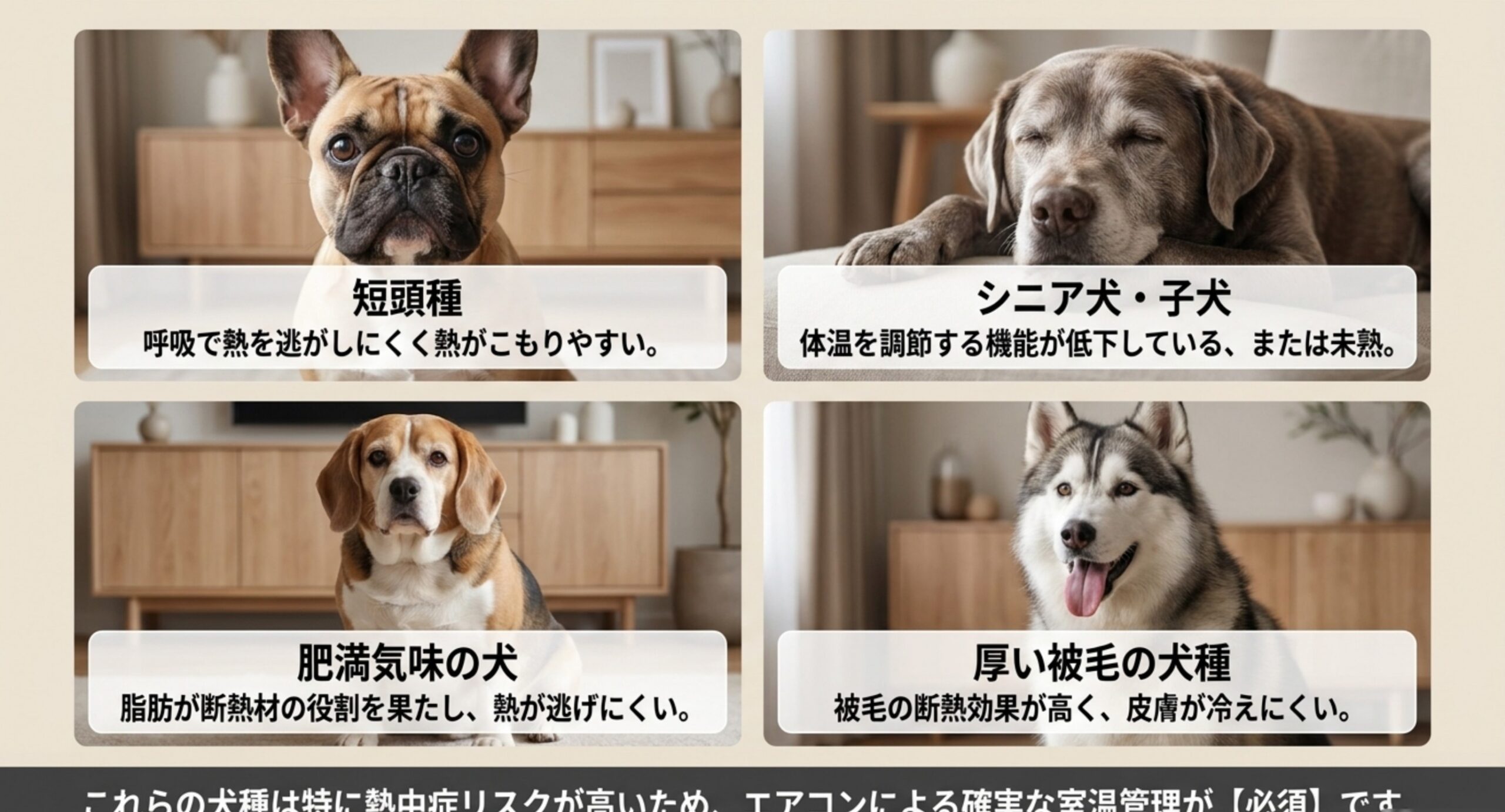 短頭種・シニア犬や子犬・肥満気味・厚い被毛の犬など、熱中症リスクが高い犬種のタイプを示した図