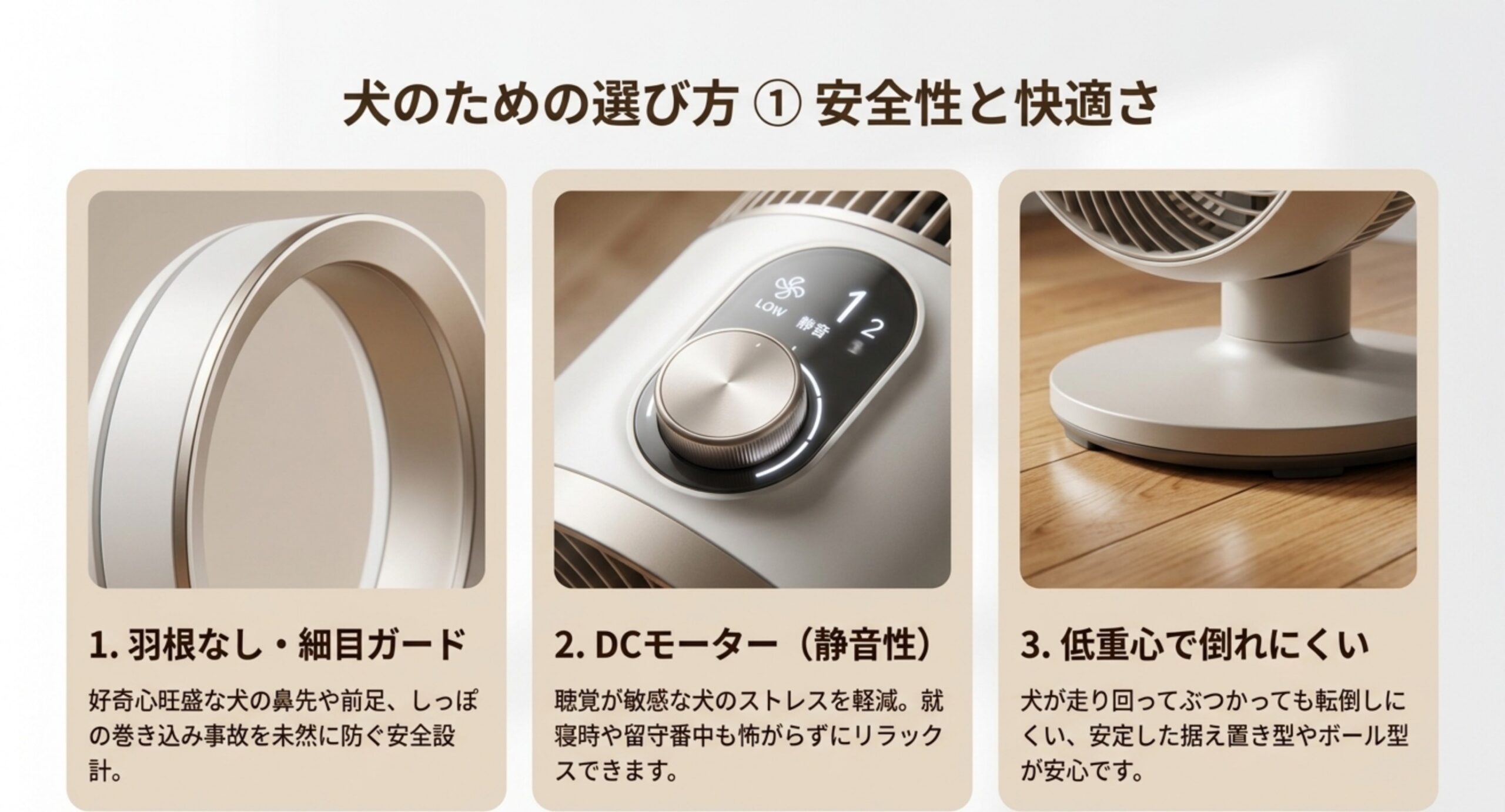 羽根なし・細目ガード、DCモーターの静音性、低重心で倒れにくい形状という選び方のポイントを示した図