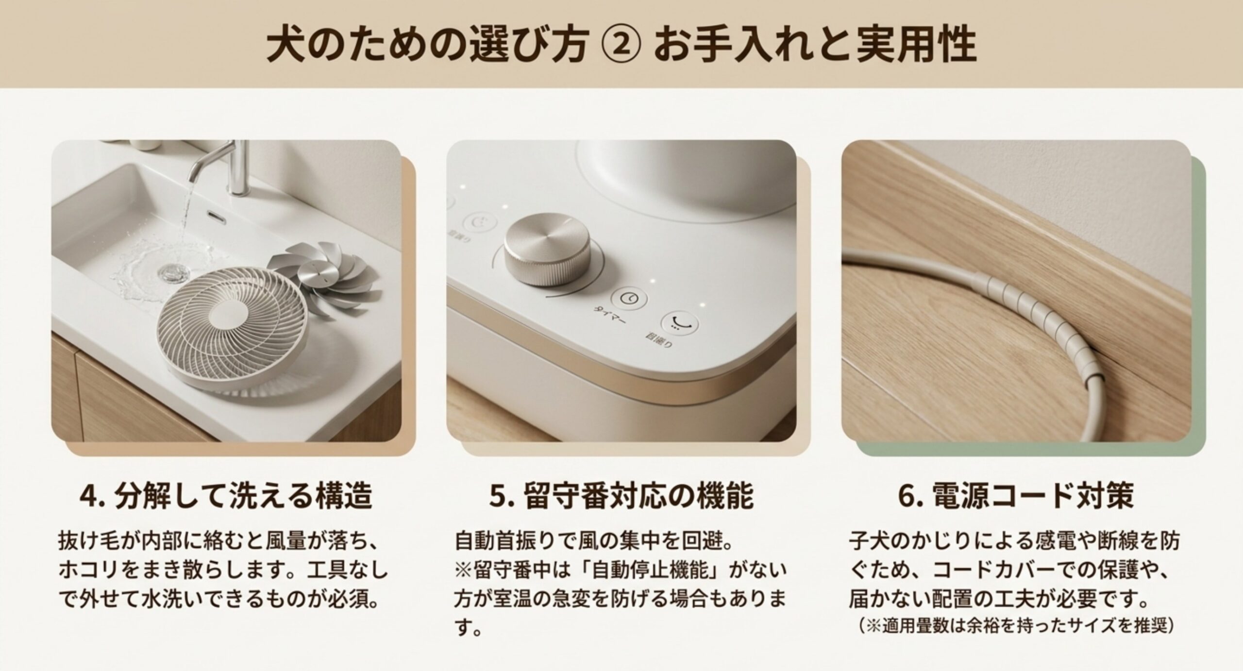 分解して洗える構造、留守番対応の機能、電源コード対策という選び方のポイントを示した図