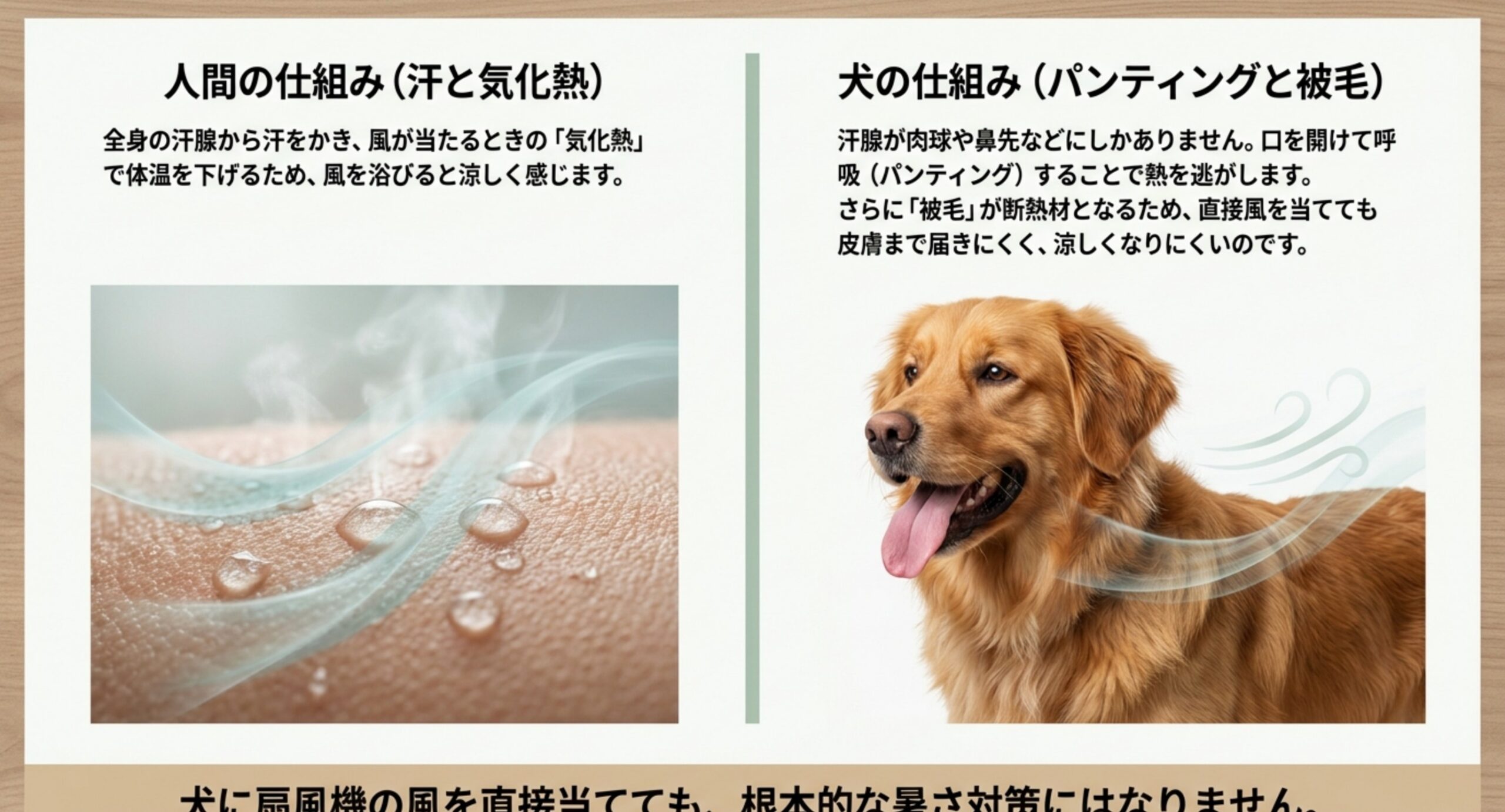 人は汗の気化熱で涼むが、犬はパンティングと被毛のため風だけでは涼しくなりにくいことを示した図