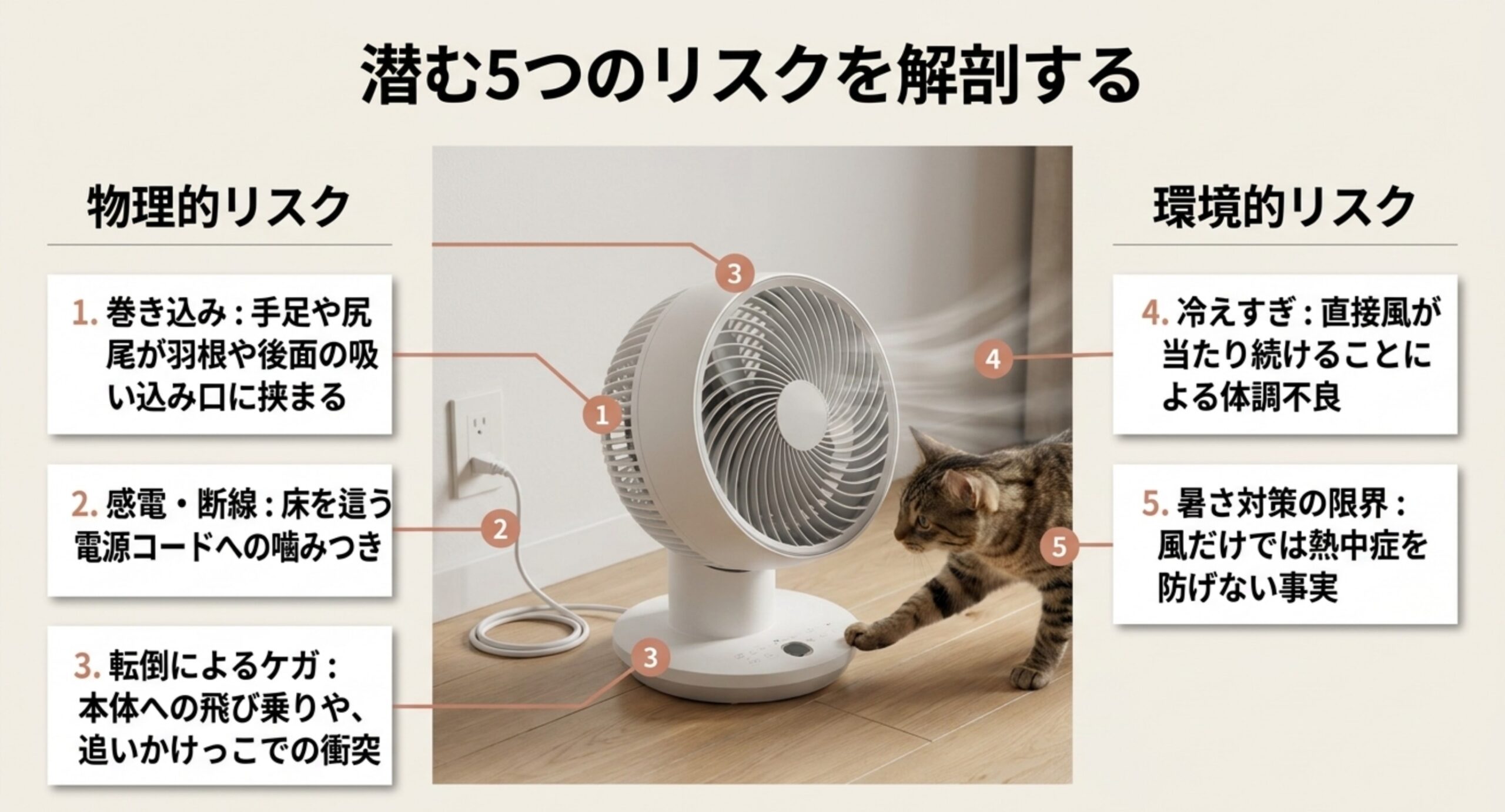 巻き込み・感電・転倒・冷えすぎ・暑さ対策の限界という5つのリスクを整理した図解