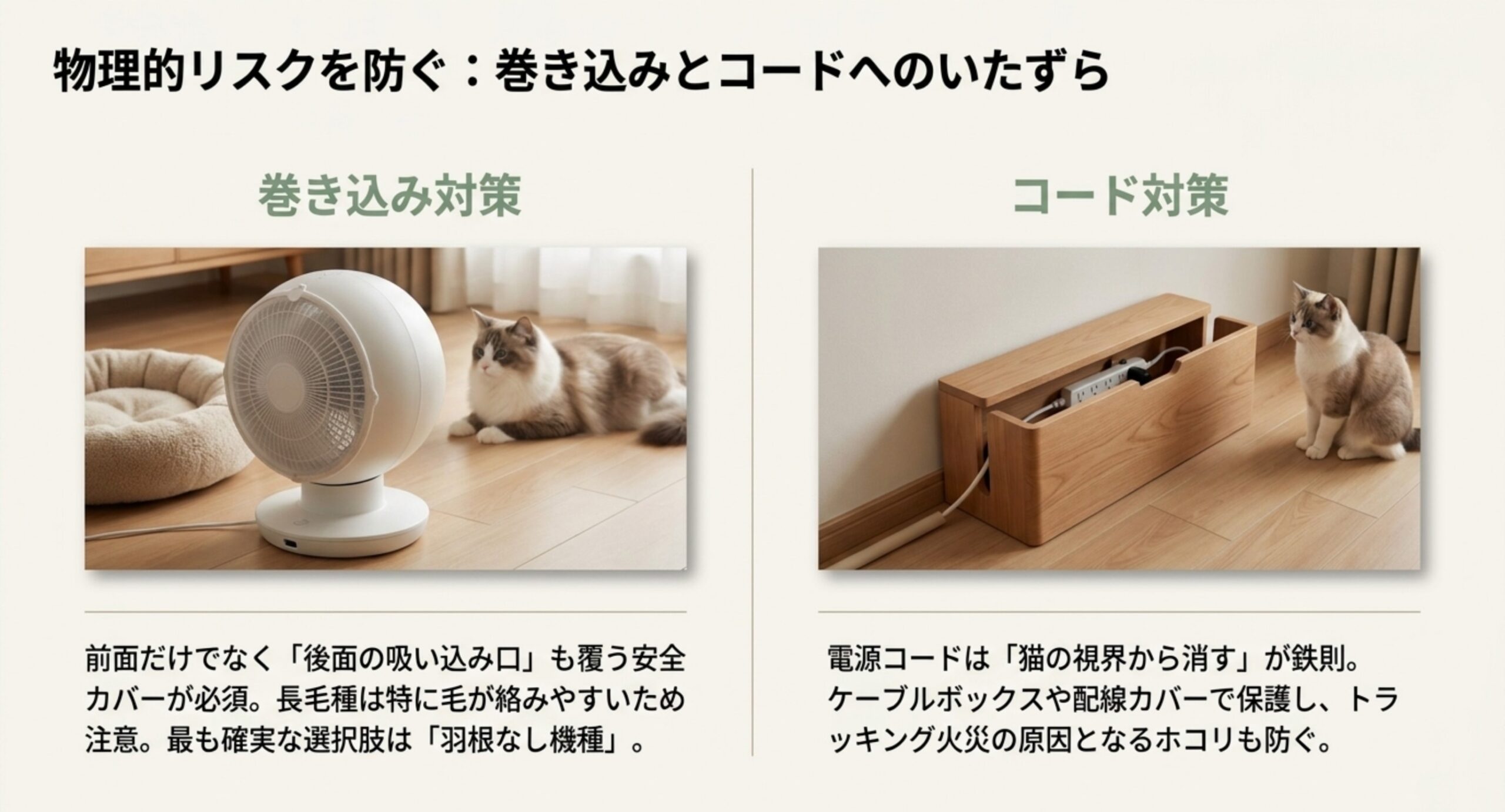 前後を覆うカバーや羽根なしタイプ、ケーブルボックスでコードを隠す対策を示した図
