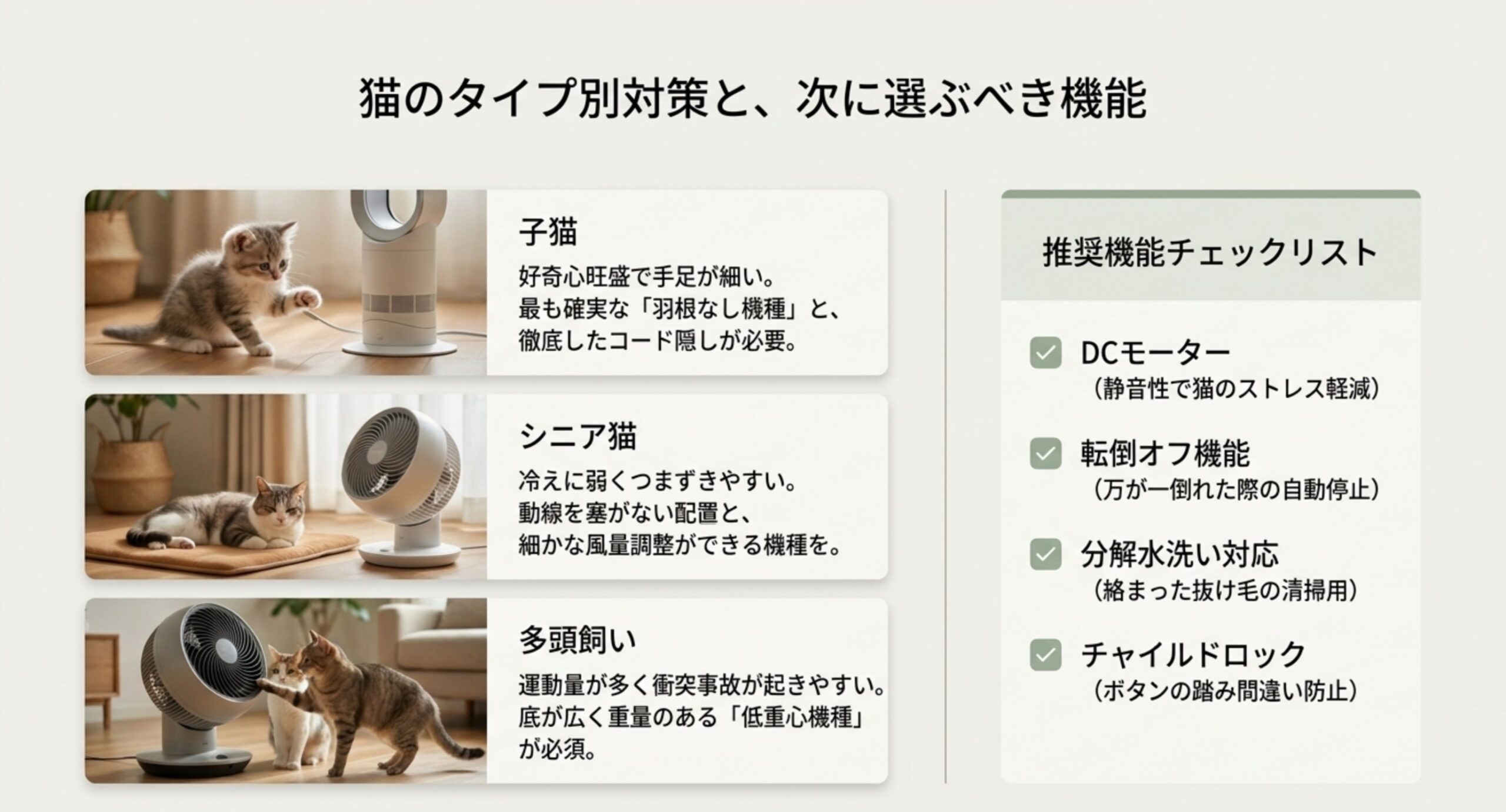 子猫・シニア猫・多頭飼い別の対策と、DCモーターや転倒オフなど推奨機能のチェックリスト