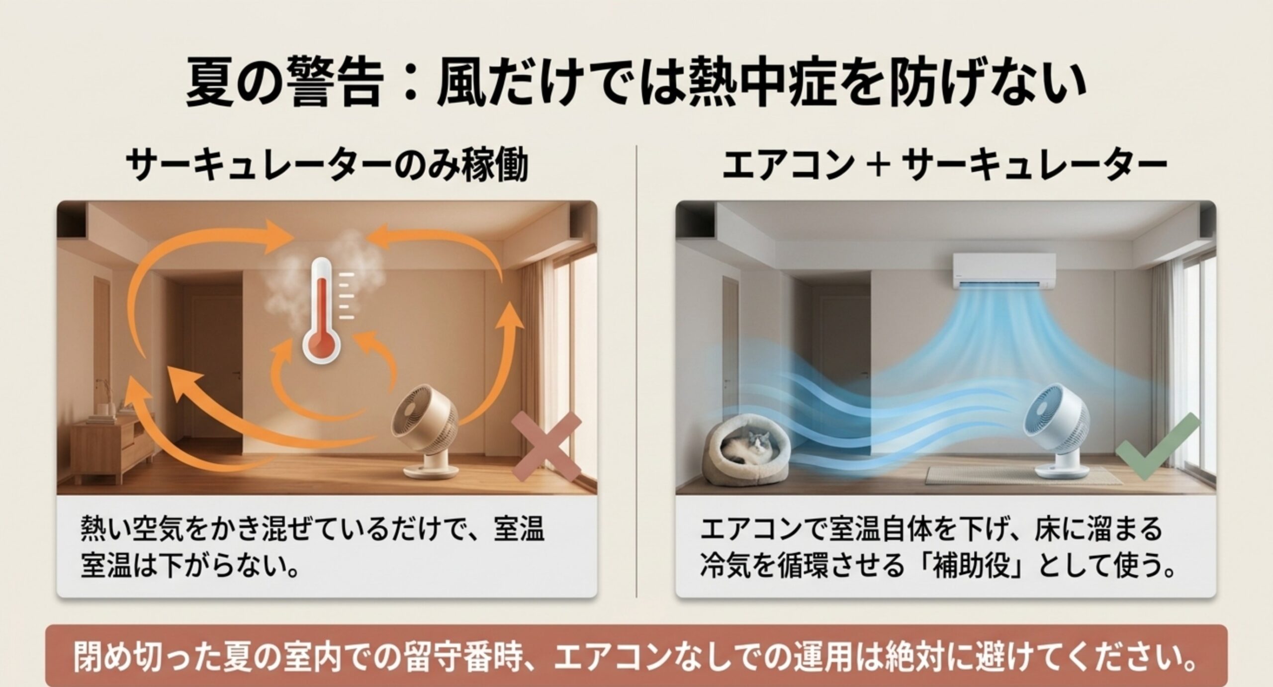 サーキュレーター単体では室温が下がらず、エアコン併用で冷気を循環させる違いを示した比較図