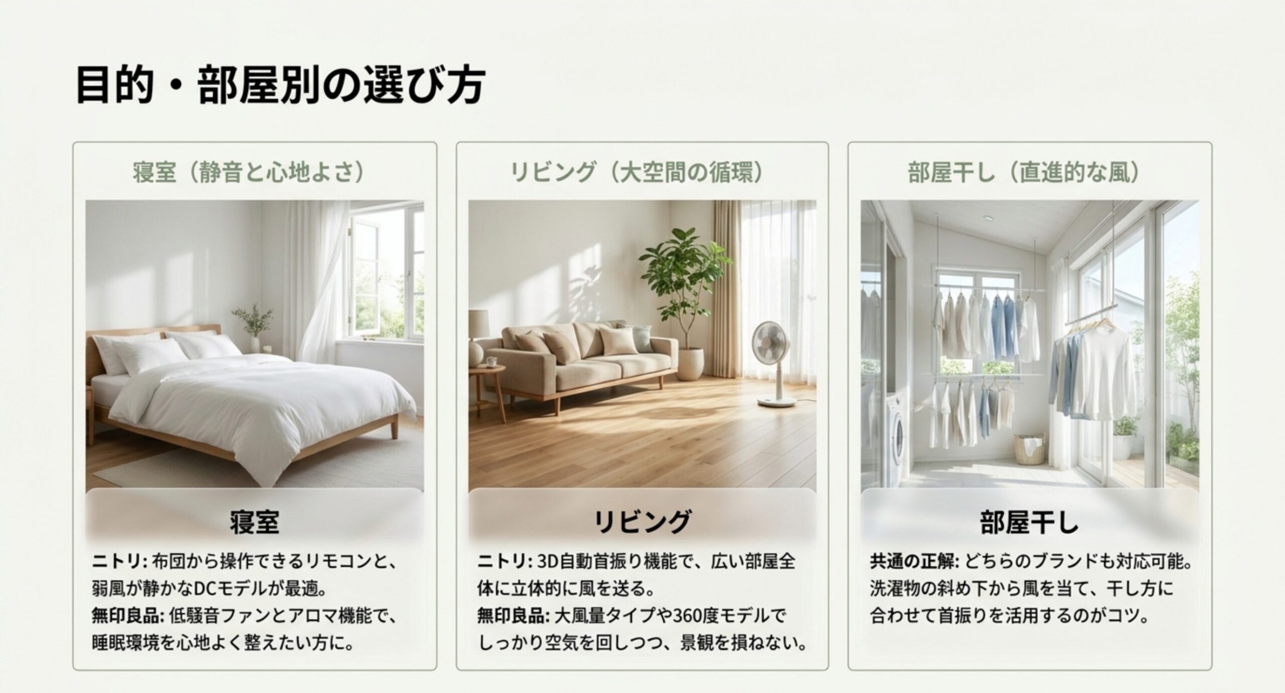 寝室・リビング・部屋干しの目的別に、ニトリと無印のどちらが向くかを整理した図