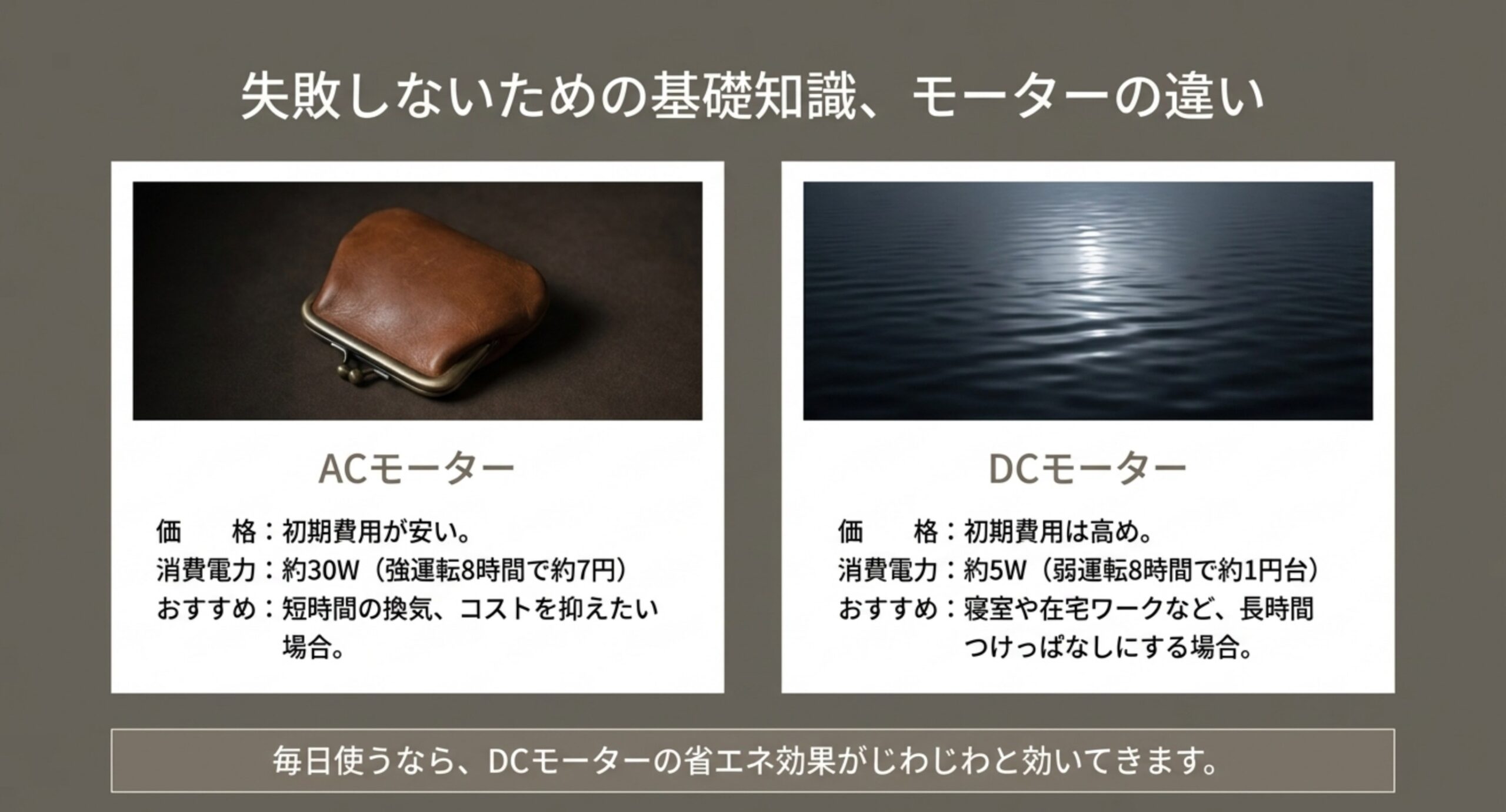 ACモーターは初期費用が安く消費電力約30W、DCモーターは初期費用高めだが約5Wで省エネという違いを示した図