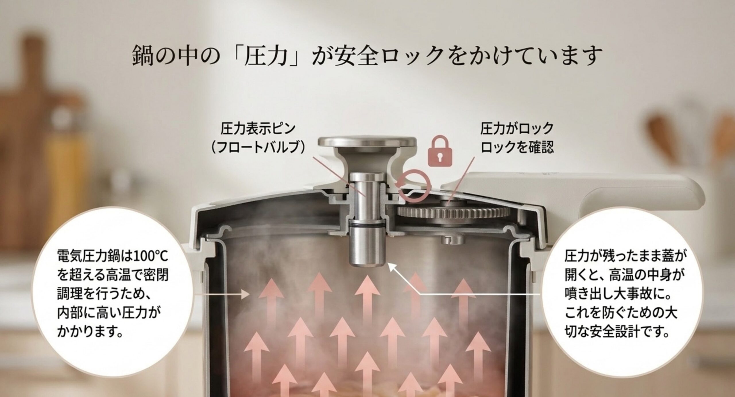 電気圧力鍋の断面図。フロートバルブ（圧力表示ピン）と連動した安全ロックの仕組み、内部にかかる高温・高圧を示した図