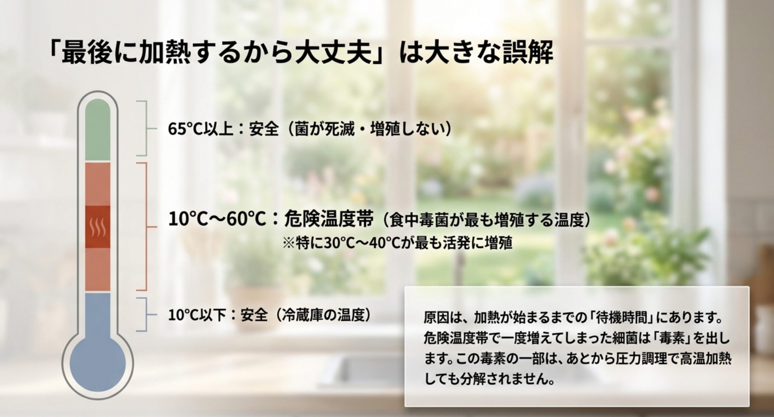 温度計の図。65℃以上と10℃以下は安全、10〜60℃（特に30〜40℃）が危険温度帯で、増えた菌の毒素は加熱で分解されないことを示す図