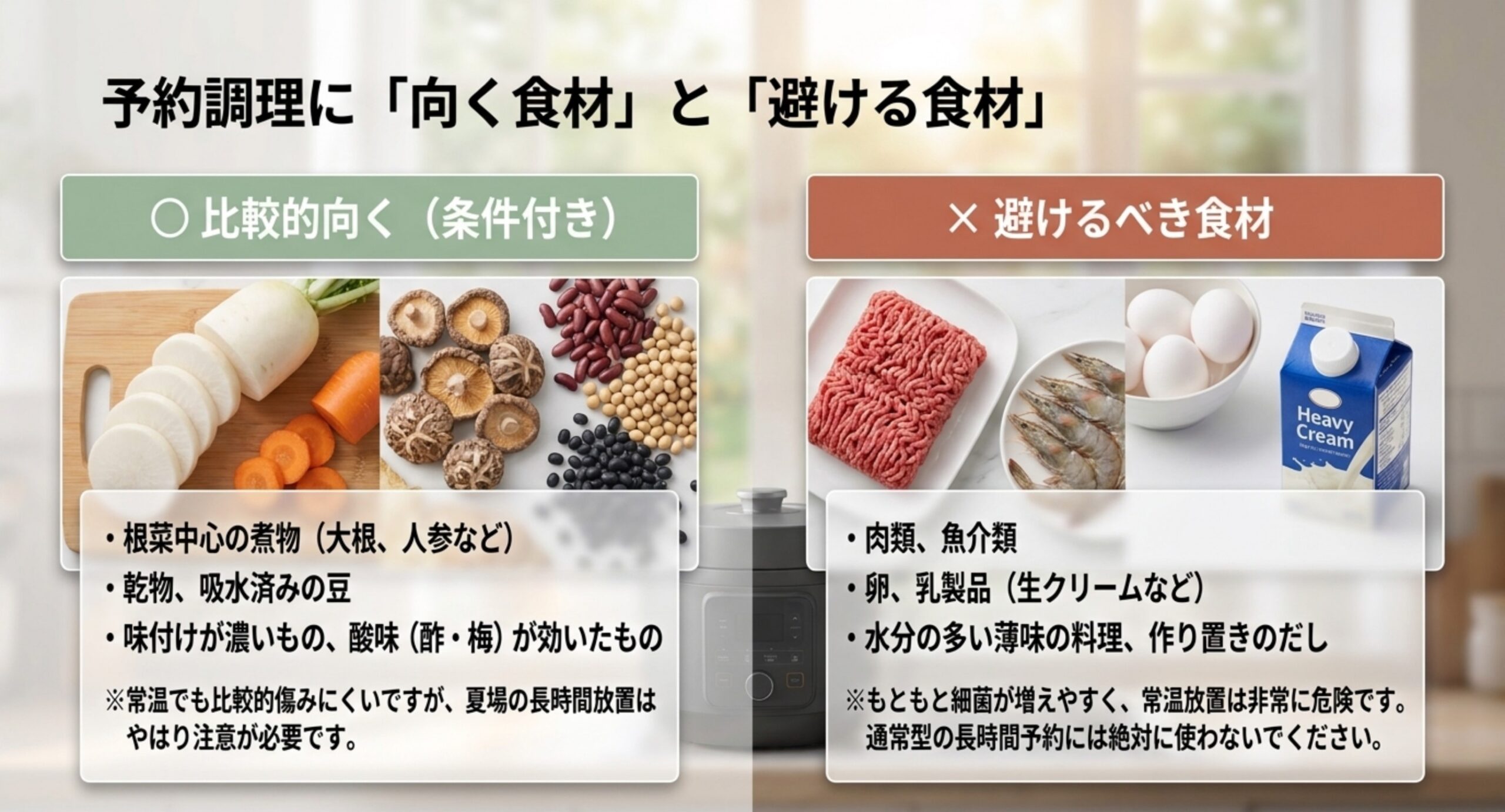 予約調理に比較的向く食材（根菜・乾物・吸水済みの豆）と避けたい食材（肉・魚介・卵・乳製品・薄味の料理）を比較した図