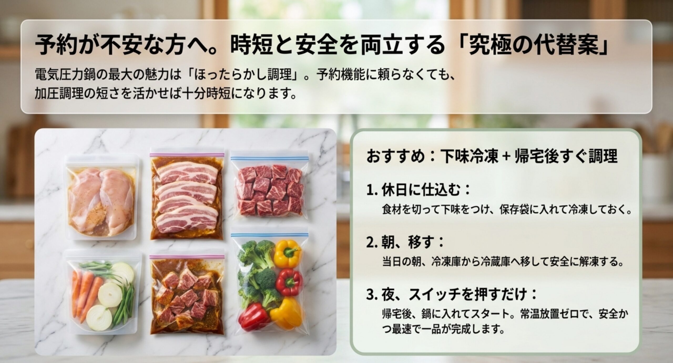 下味冷凍の手順図。休日に下味をつけて冷凍し、当日朝に冷蔵解凍、帰宅後に鍋へ入れてスタートする流れを示した図