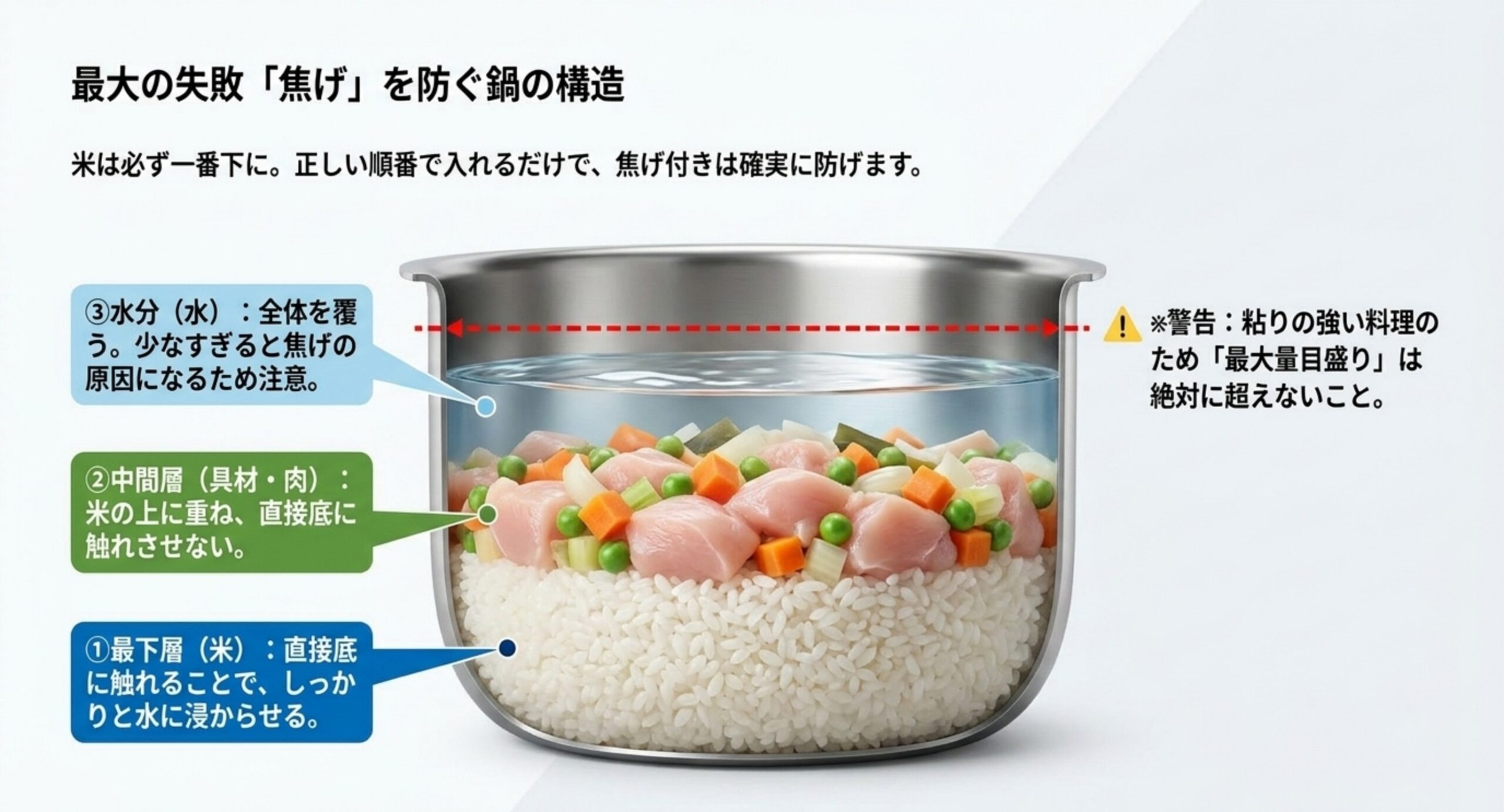 電気圧力鍋の内なべの断面図。米を一番下、具材と鶏むね肉を中間、水を全体にかぶるように入れて焦げ付きを防ぐ構造を示した図