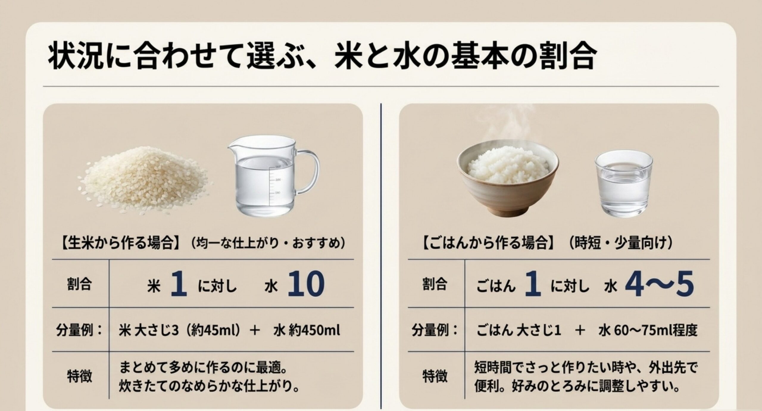 10倍粥の割合の図。生米から作る場合は米1：水10（米大さじ3＋水約450ml）、ごはんから作る場合はごはん1：水4〜5（ごはん大さじ1＋水60〜75ml）を示した図