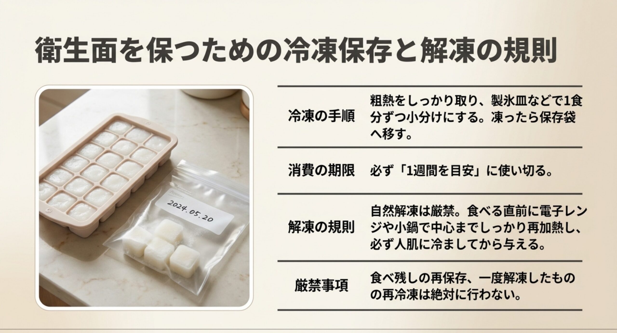 10倍粥の冷凍保存の図。製氷皿で1食分ずつ小分けにし1週間で使い切る、解凍は都度しっかり再加熱、再冷凍や食べ残しは与えないことを示した図