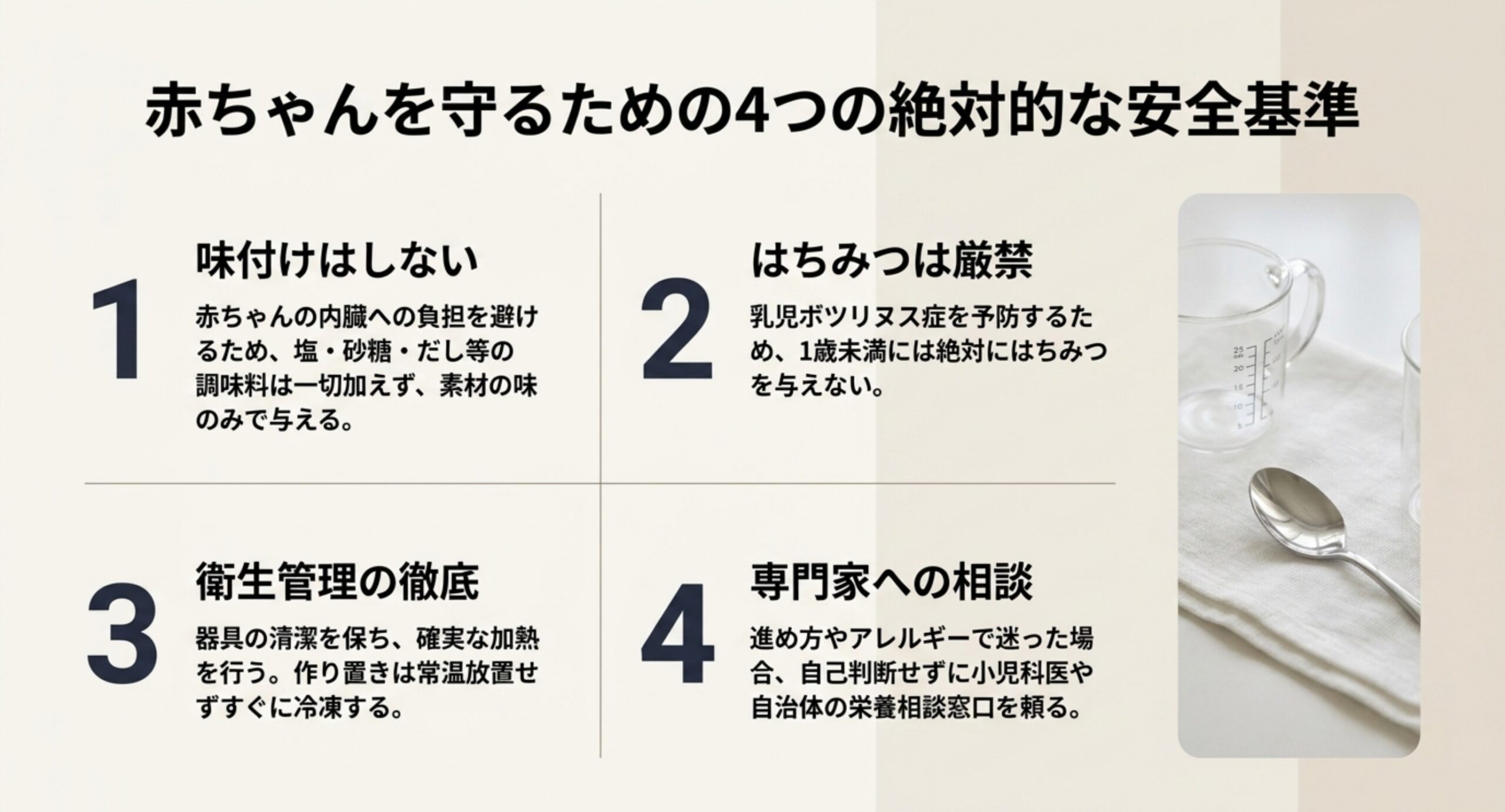 離乳食の安全基準の図。味付けはしない・1歳未満にはちみつは与えない・衛生管理の徹底・迷ったら専門家に相談、の4点を示した図