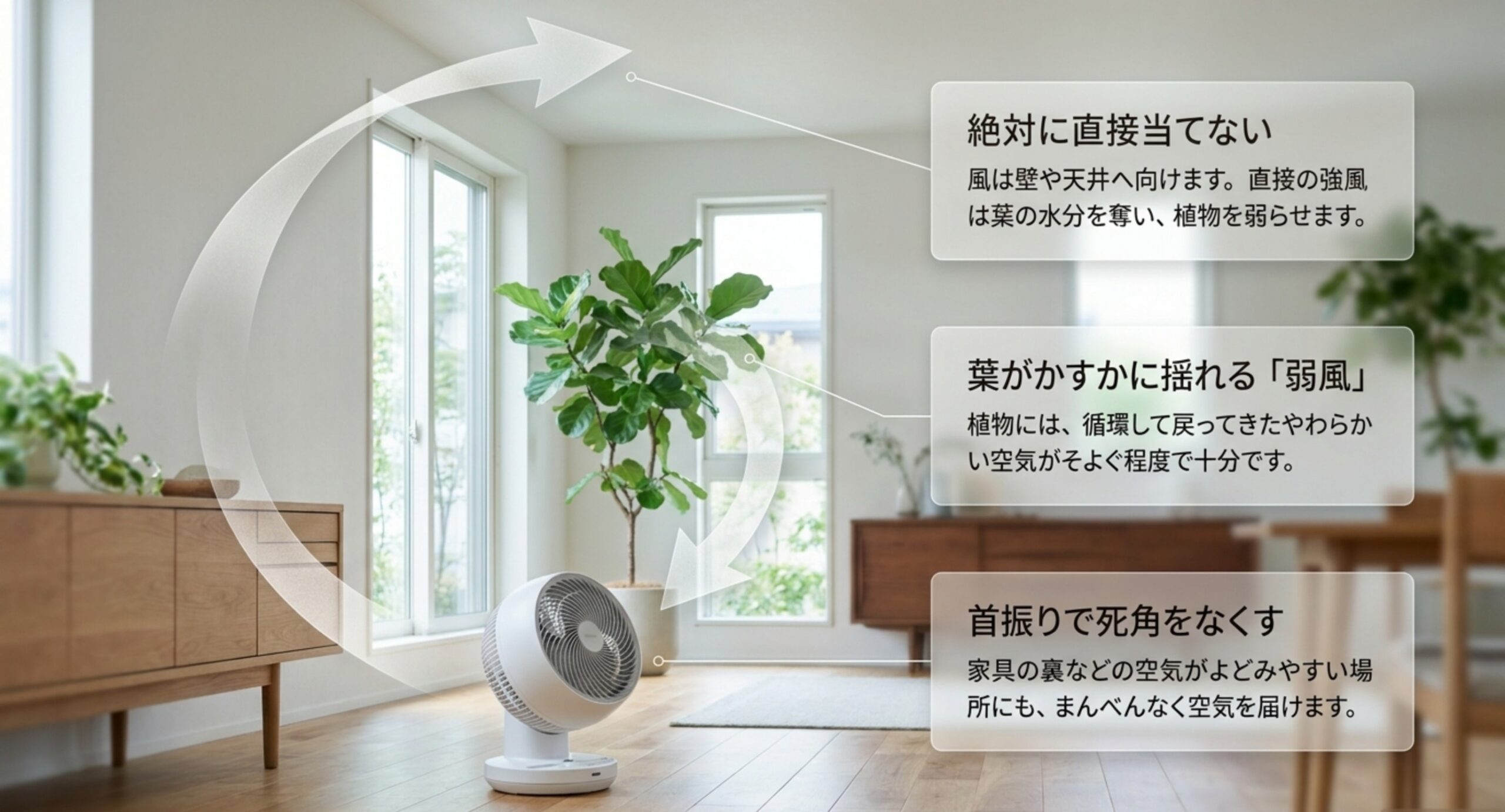 風の当て方の図。植物に直接当てず壁や天井へ向ける、葉がかすかに揺れる弱風、首振りで死角をなくす、という3つのポイントを示した図