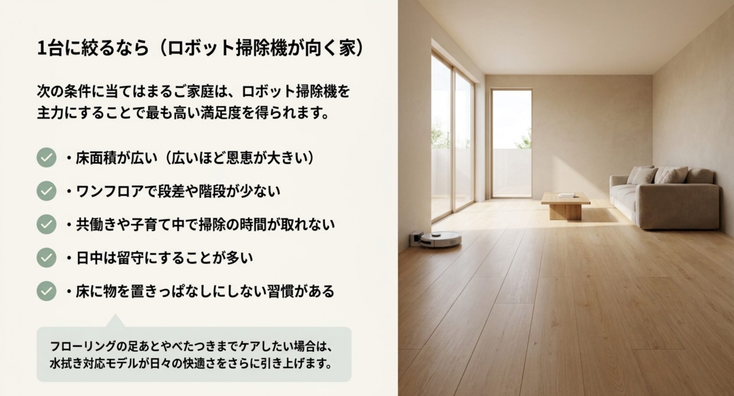 ロボット掃除機が主力に向く家の条件の図。床面積が広い・ワンフロアで段差が少ない・共働きや子育てで時間がない・日中留守・床を片付ける習慣がある、を示した図