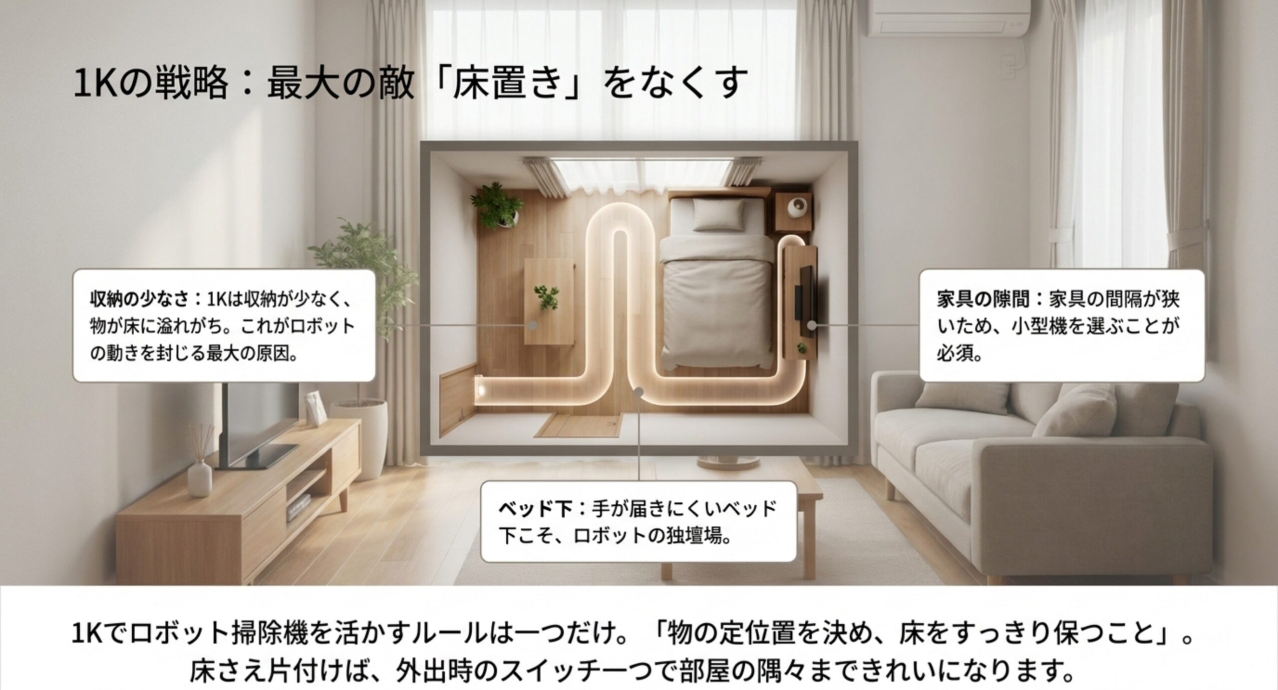 1Kでロボット掃除機を活かすポイントの図。収納の少なさによる床置き、家具のすき間、ベッド下の掃除を示し、床をすっきり保つことが最重要であることを示した図