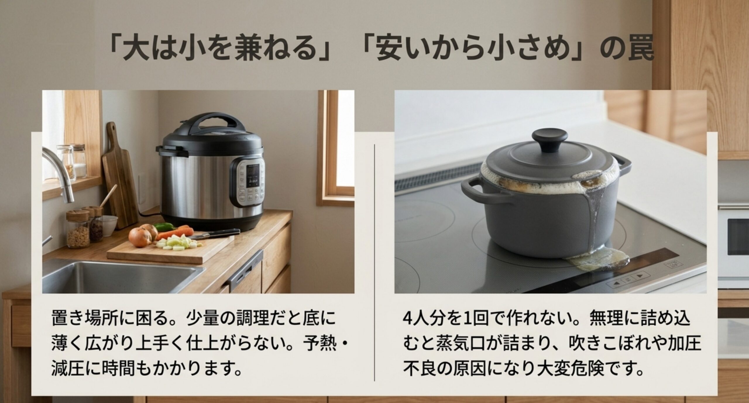 大きすぎると置き場所に困り予熱・減圧に時間がかかること、小さすぎると4人分が作れず詰め込むと危険なことを対比した図
