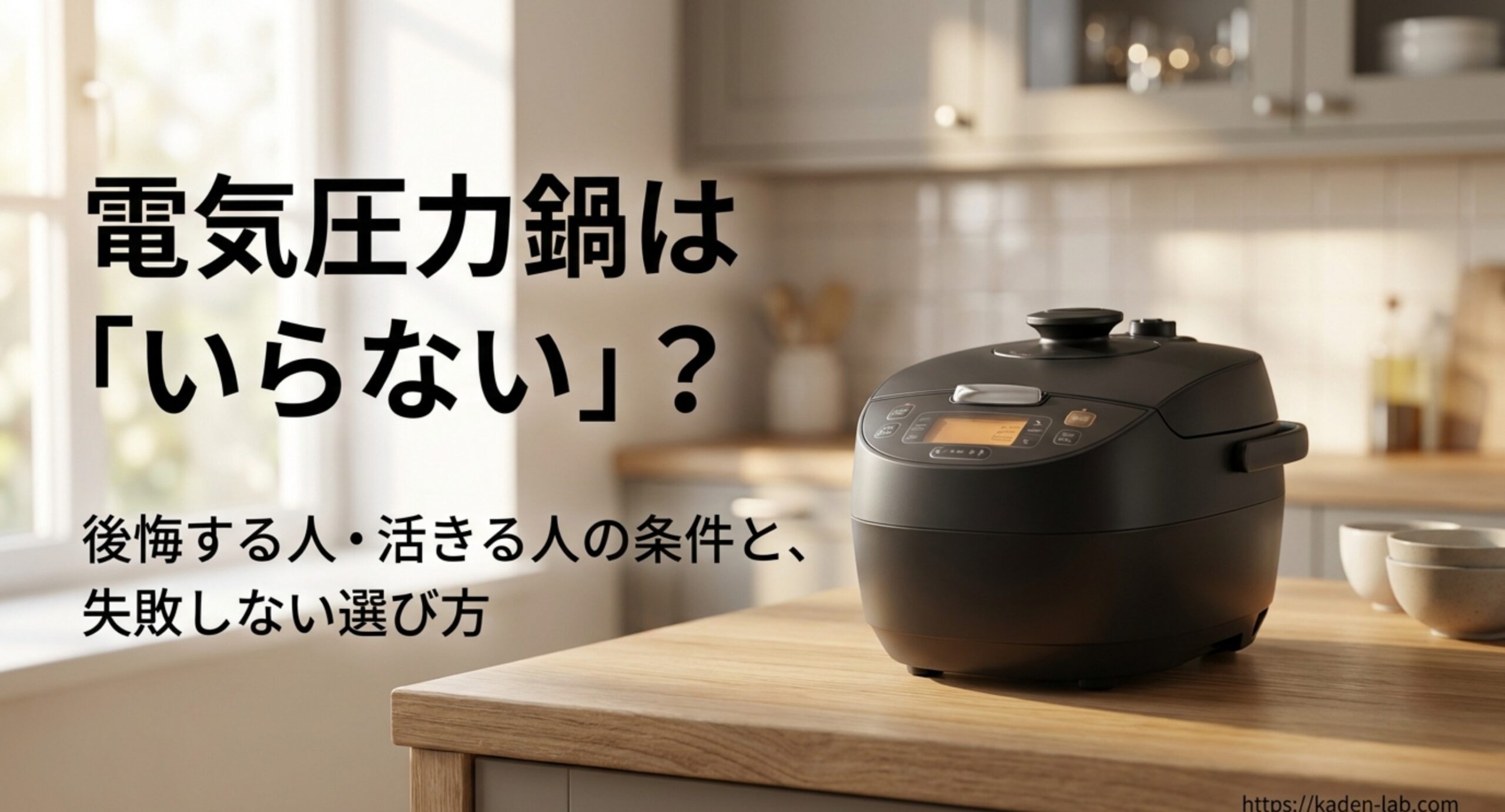 キッチンの調理台に置かれた黒い電気圧力鍋と、いらない・めんどくさいと言われる評判を判断するテーマを示した表紙