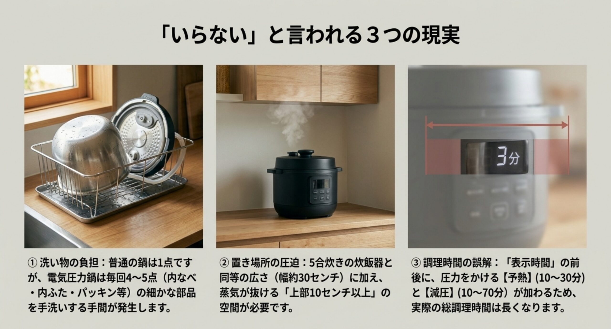 洗い物のパーツの多さ・置き場所の圧迫・調理時間の誤解という電気圧力鍋の3つのデメリットを並べた図