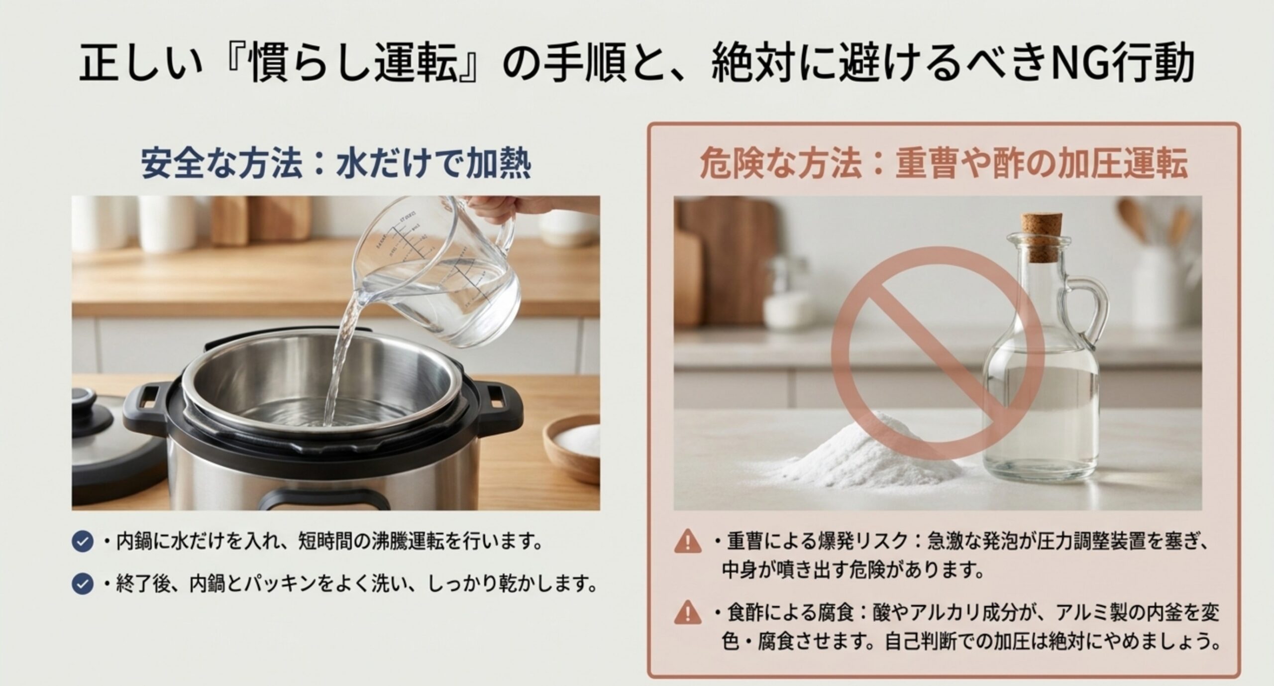 水だけで加熱する安全な慣らし運転と、重曹や酢の加圧運転という危険なNG行動を対比した図