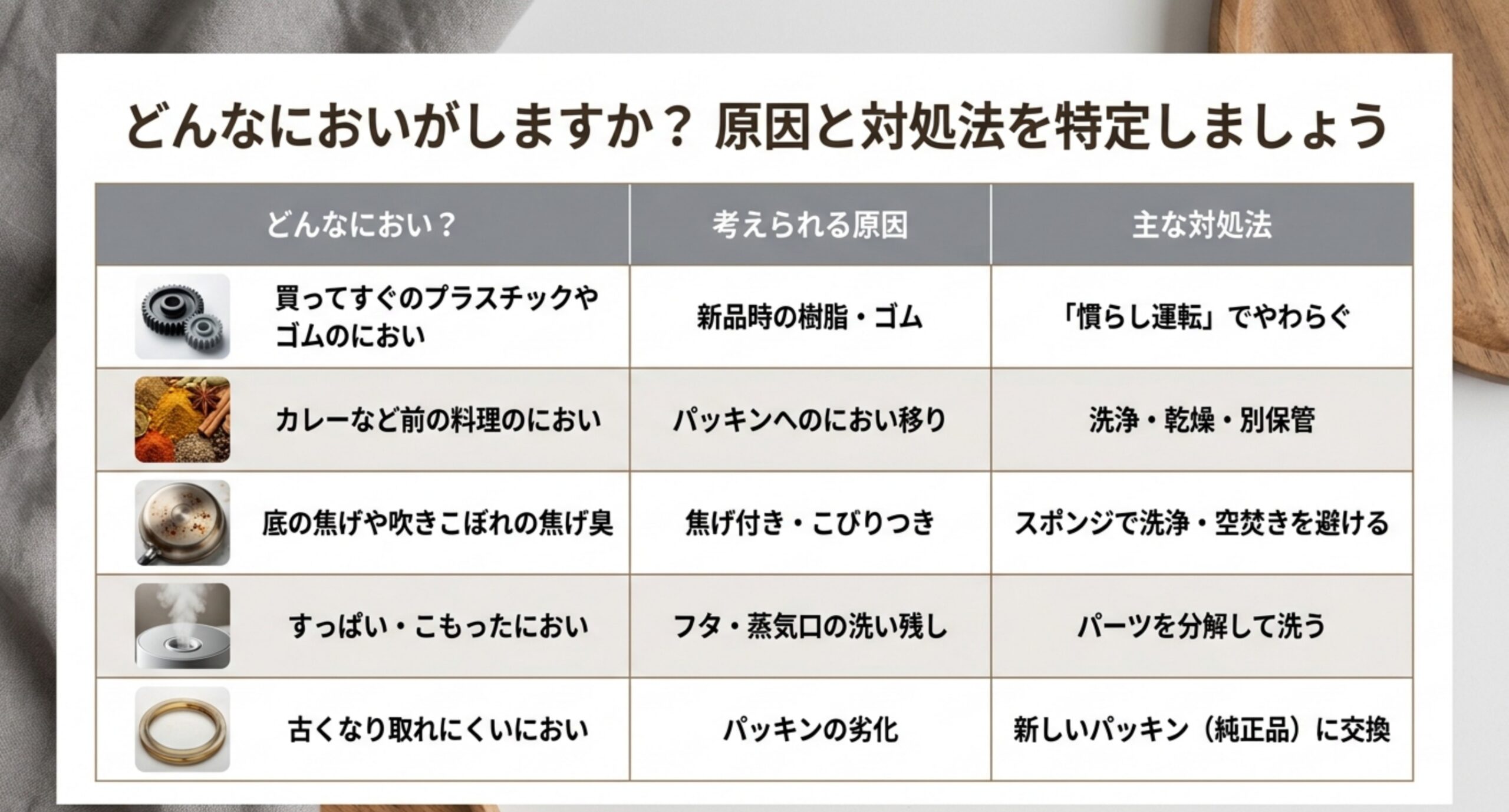 樹脂ゴム臭・におい移り・焦げ臭・こもったにおい・取れないにおいの5種類ごとに原因と主な対処法を整理した表