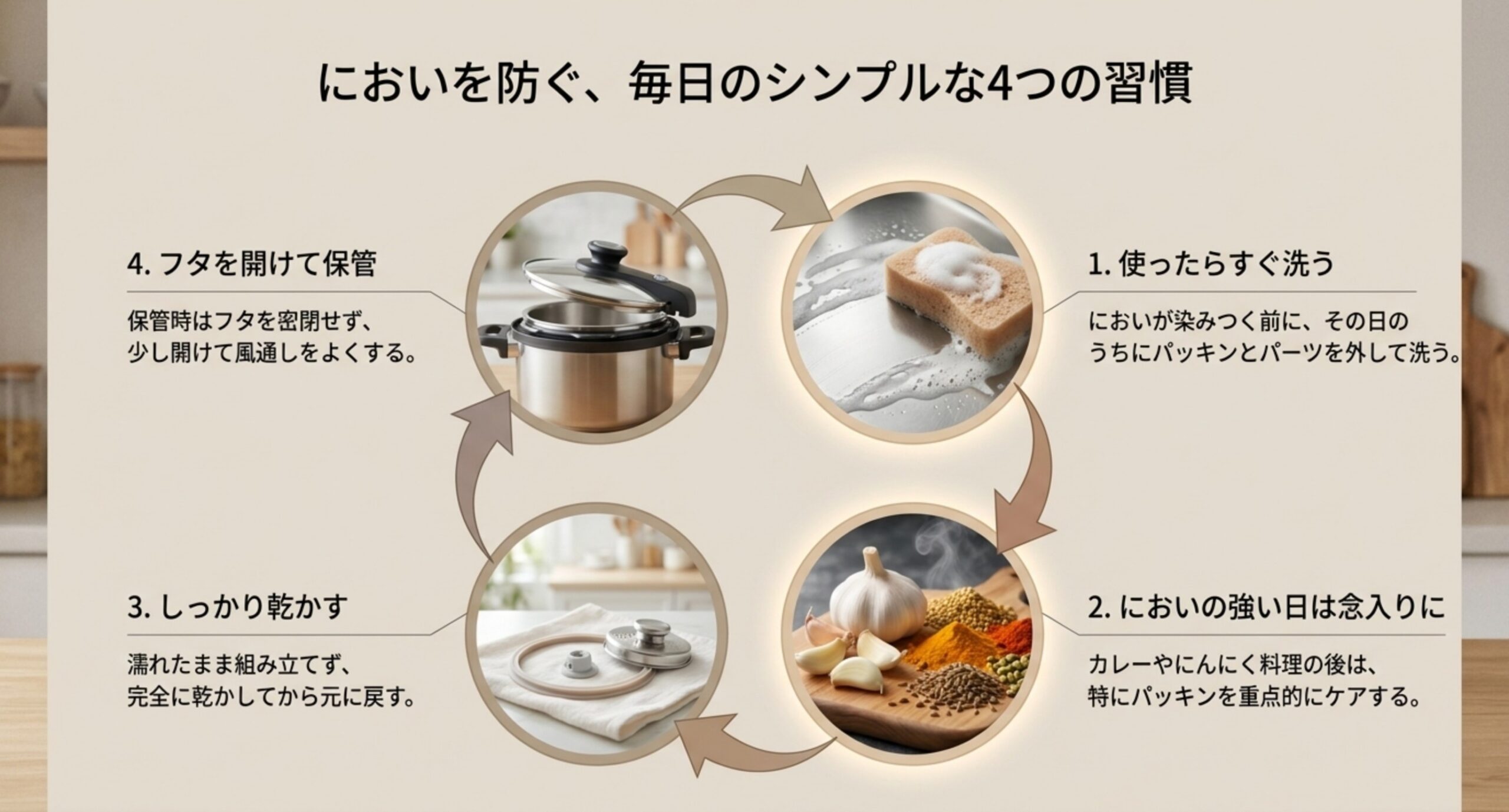 使ったらすぐ洗う・においの強い日は念入りに・しっかり乾かす・フタを開けて保管という4つの習慣を示した図