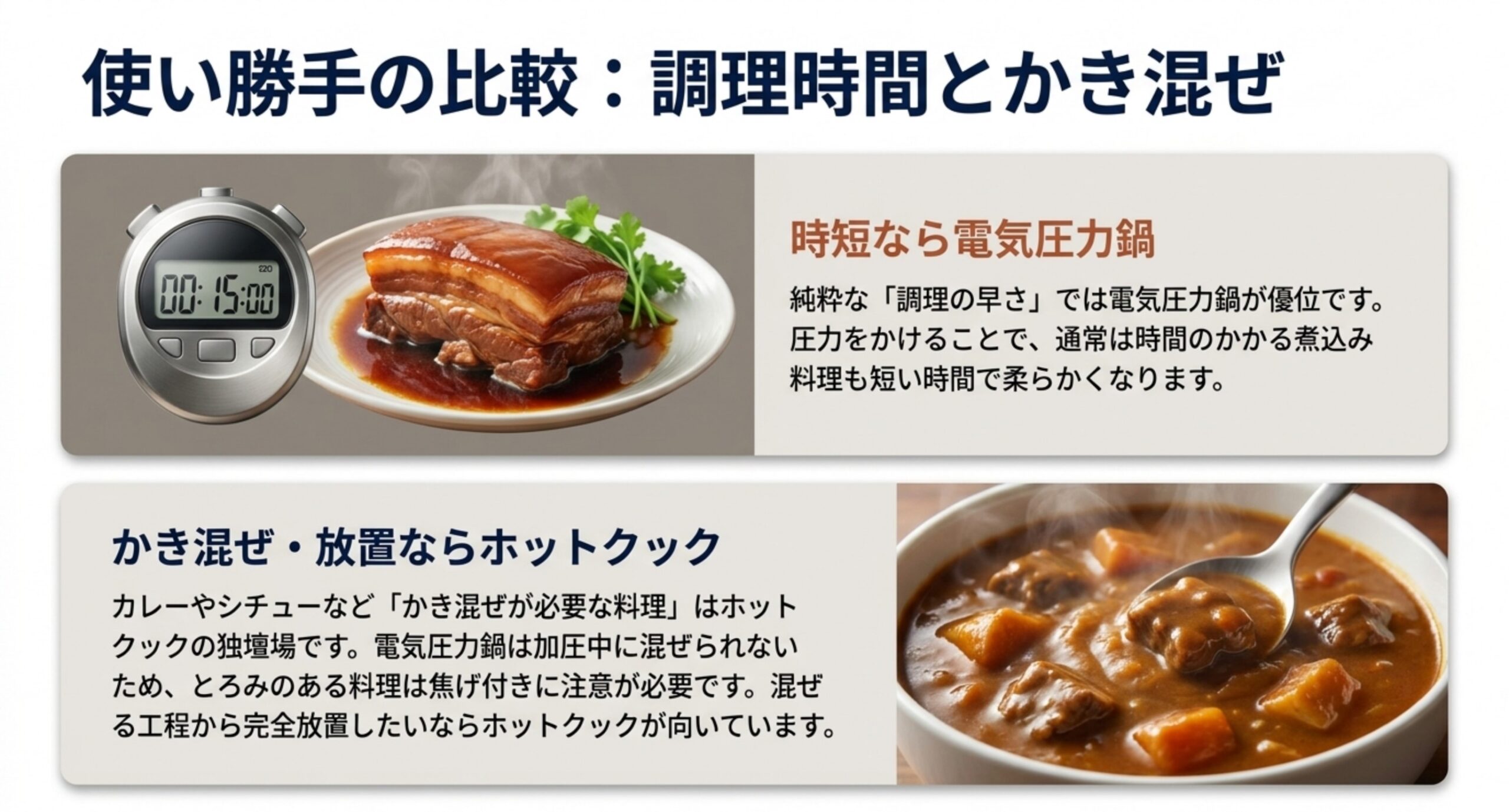 時短なら電気圧力鍋、かき混ぜや放置ならホットクックという使い勝手の違いを示した図