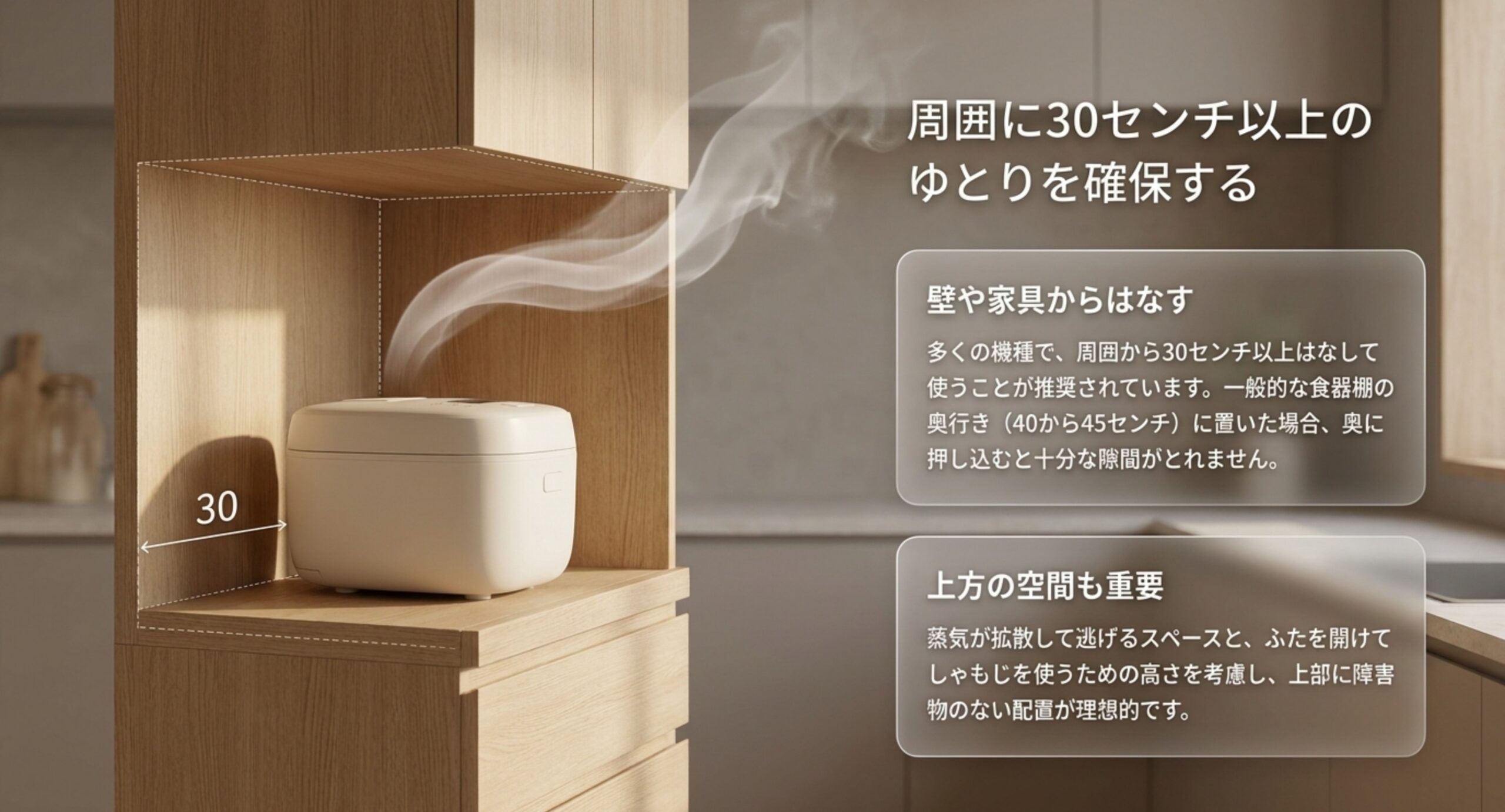 棚の中の炊飯器と壁との30センチの距離を矢印で示し、上方に蒸気が逃げる空間も必要だと説明した図版