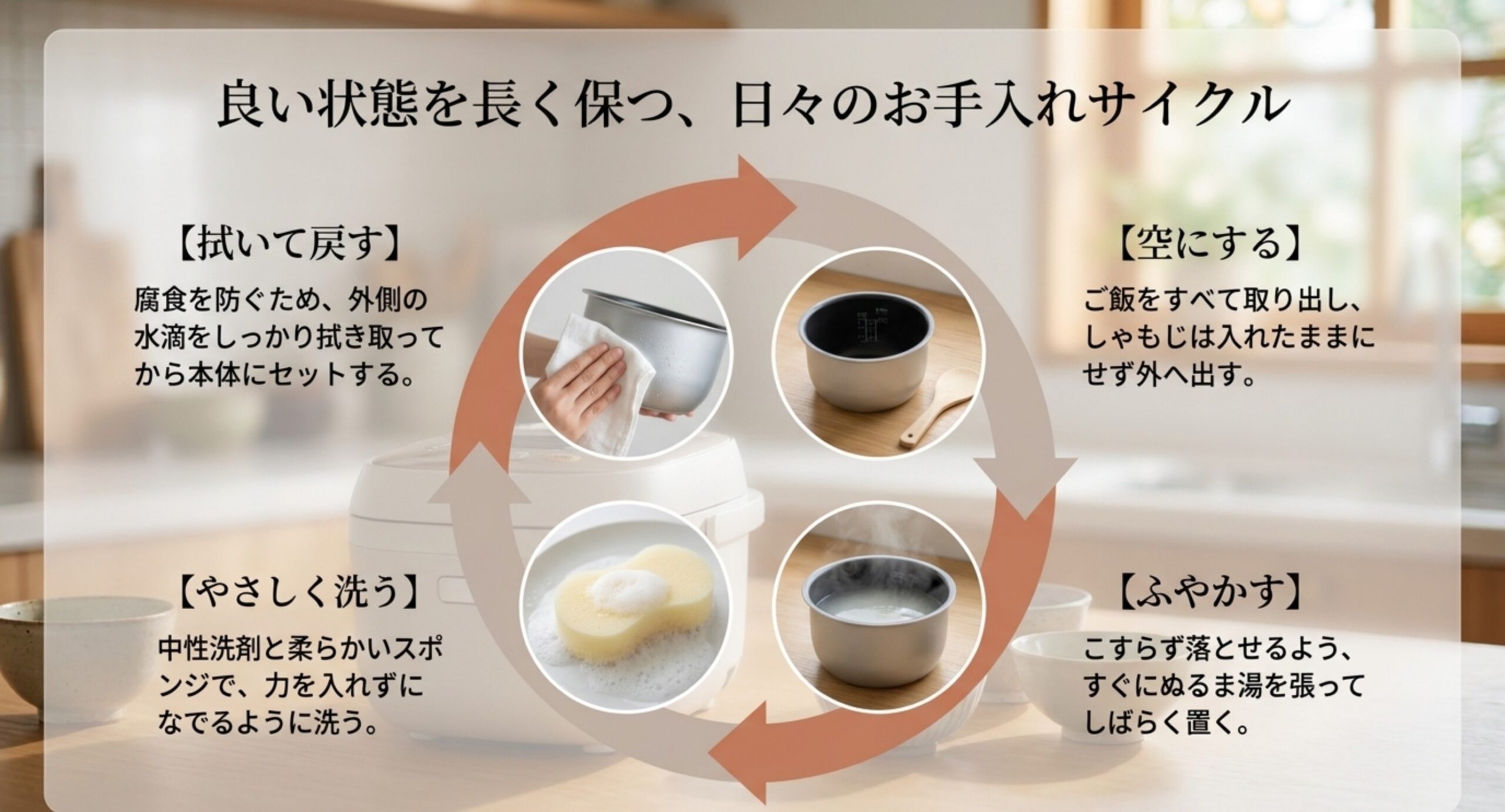ご飯を空にする・ぬるま湯でふやかす・やさしく洗う・水気を拭いて戻すという4つの手順を円状に並べた図版