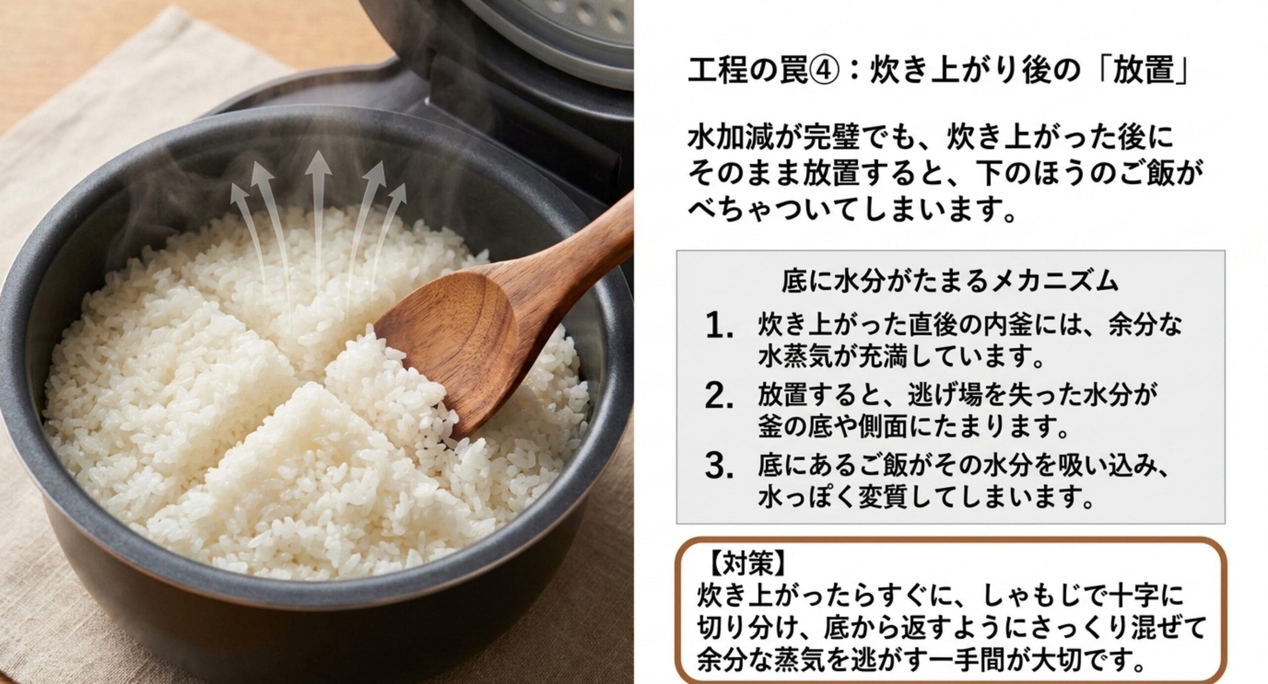 内釜のご飯をしゃもじで十字に切り分けて蒸気を逃がす様子と、放置すると底に水分がたまる3段階の仕組みを示した図版