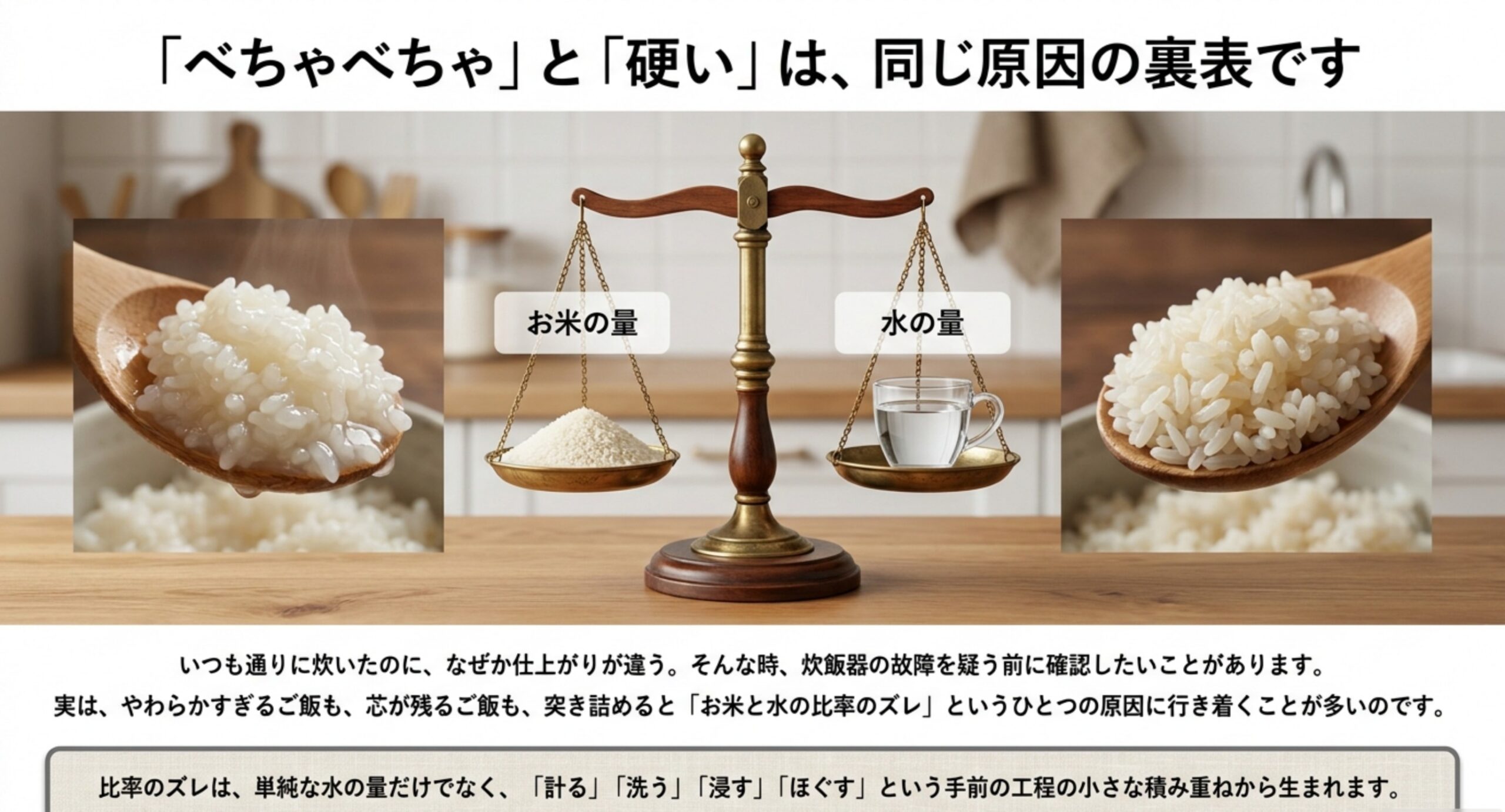 天秤の左にお米、右に水を載せて、べちゃついたご飯と硬いご飯がどちらも米と水の比率のずれから生まれることを示した図版
