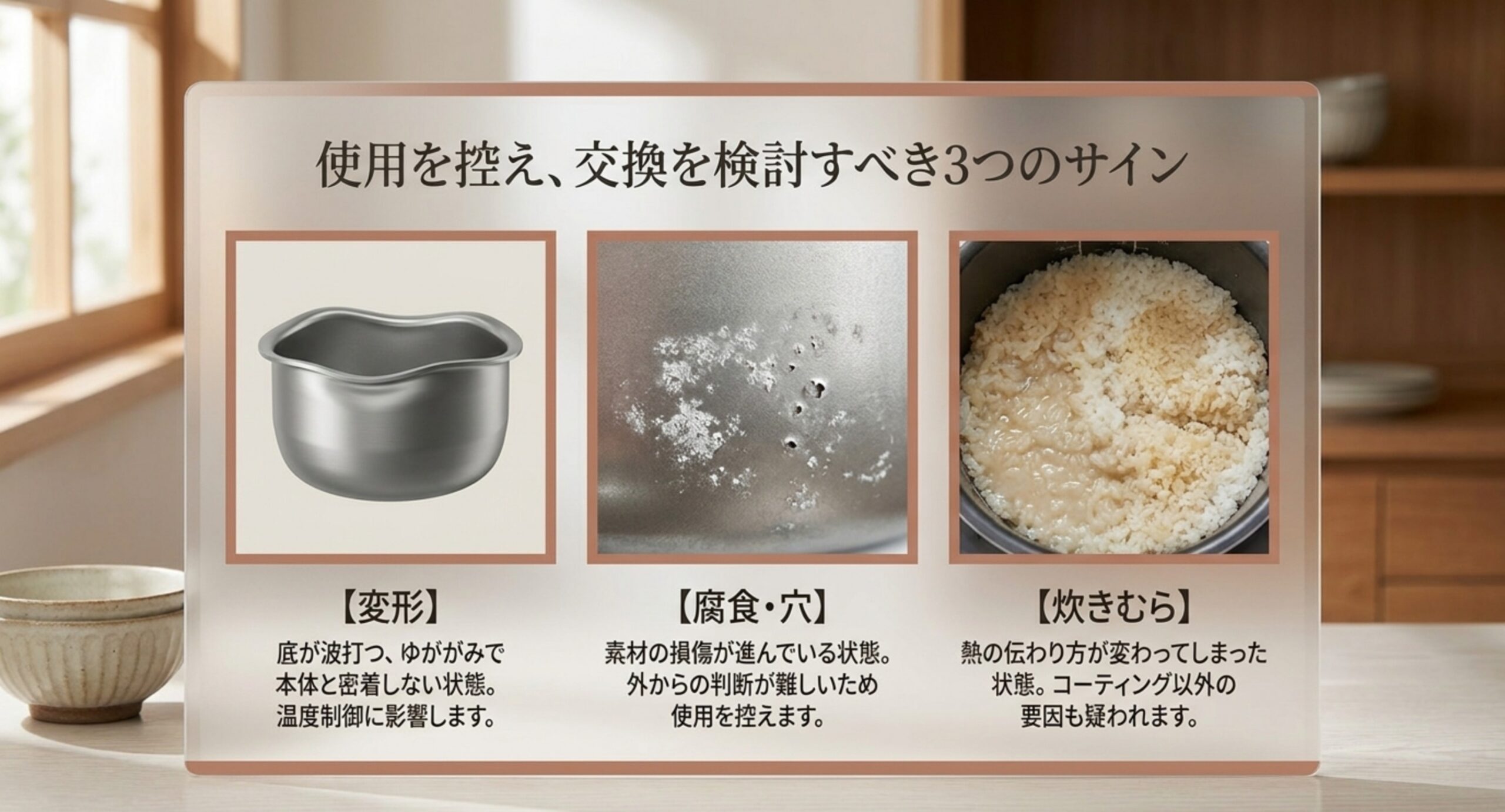変形した内釜・腐食や穴のある表面・炊きむらのあるご飯の3枚を並べ、それぞれの状態と判断を示した図版