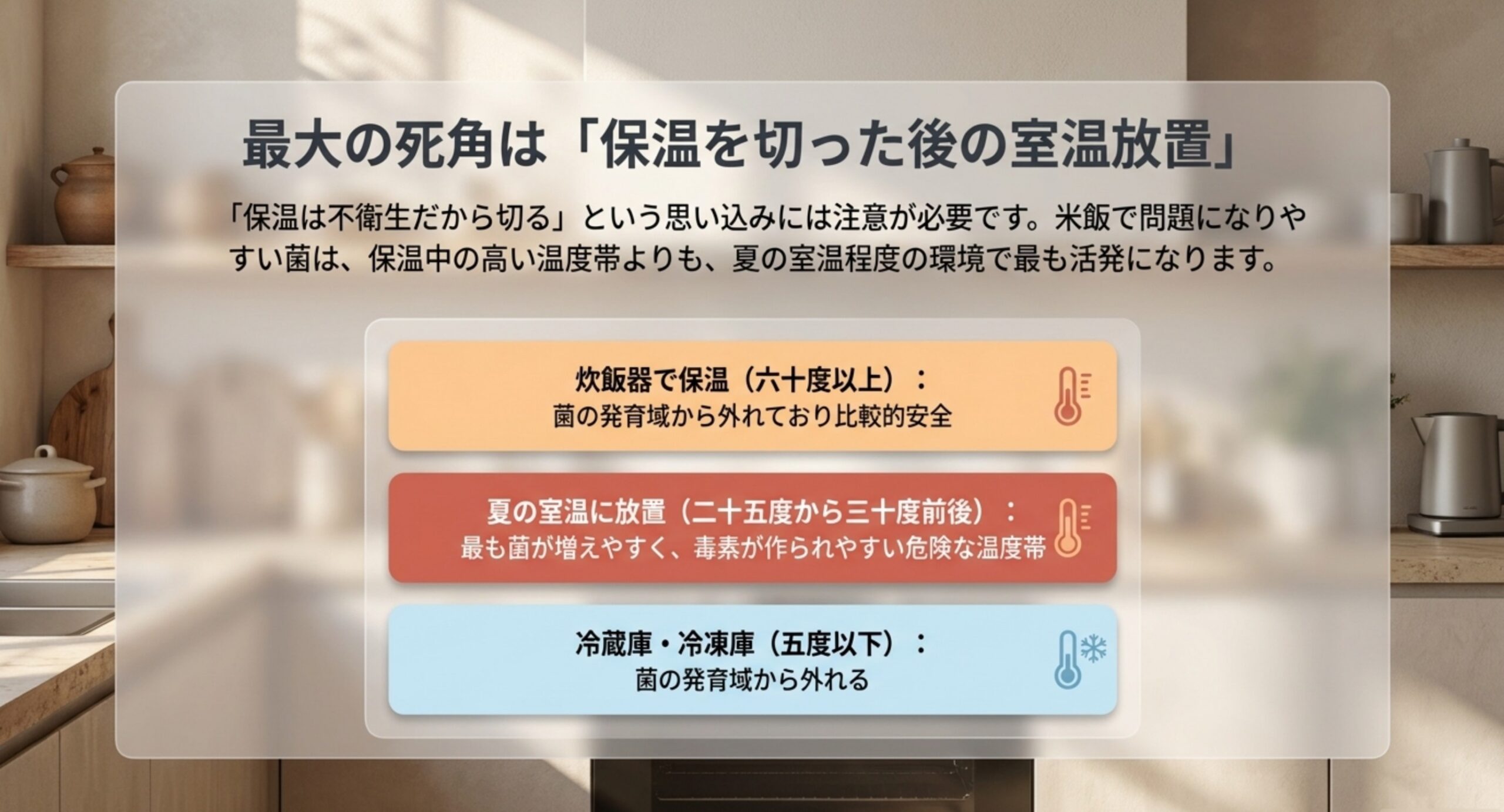 炊飯器の保温60度以上・夏の室温25〜30度前後・冷蔵庫5度以下の3つを並べ、室温放置が最も菌が増えやすいことを示した図版