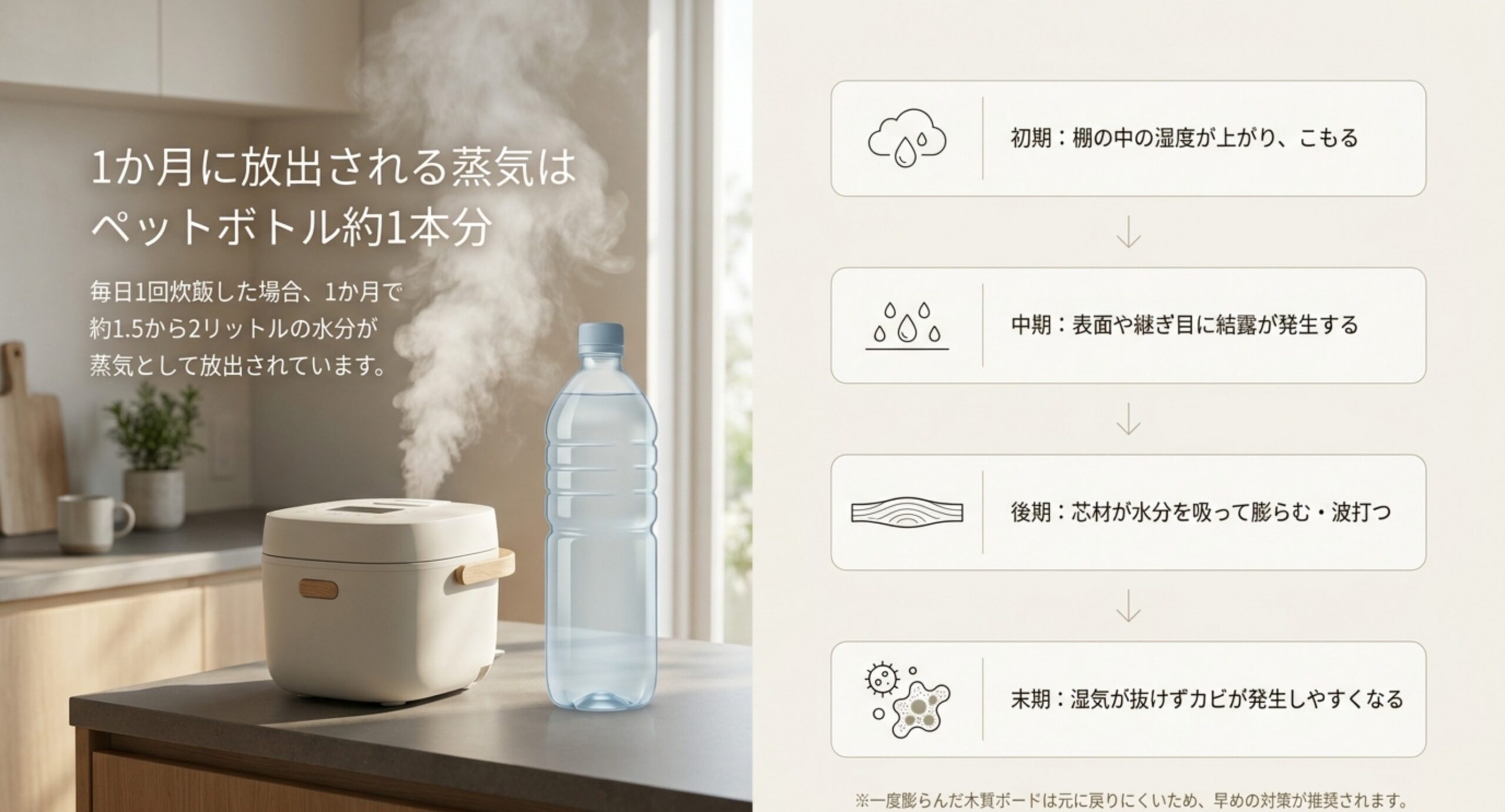 炊飯器から立ちのぼる蒸気とペットボトルを並べ、湿度上昇から結露・膨れ・カビへ進む4段階を示した図版