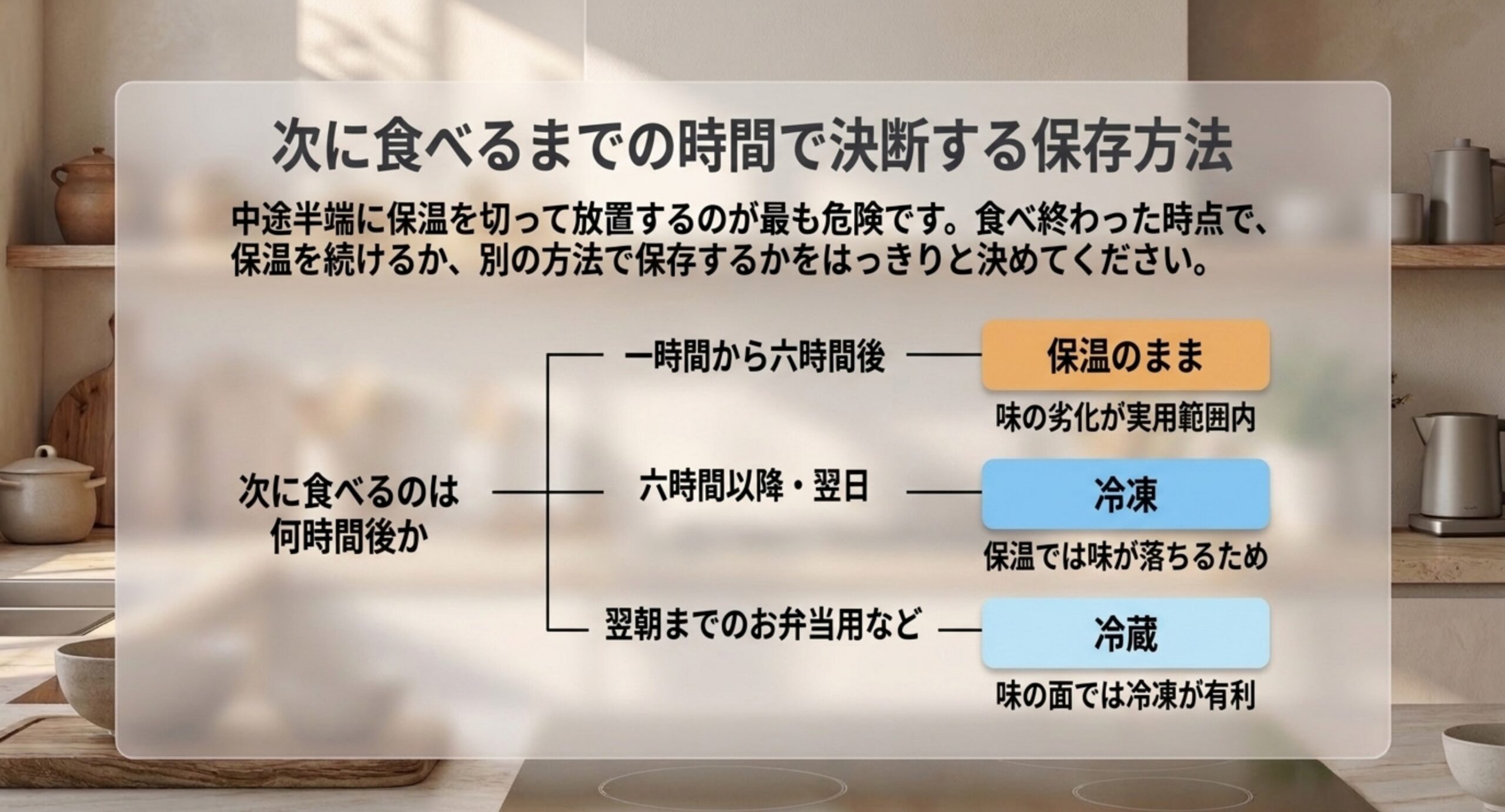 次に食べるのは何時間後かを起点に、1〜6時間後は保温のまま、6時間以降や翌日は冷凍、翌朝までの弁当用は冷蔵と分岐させた図版
