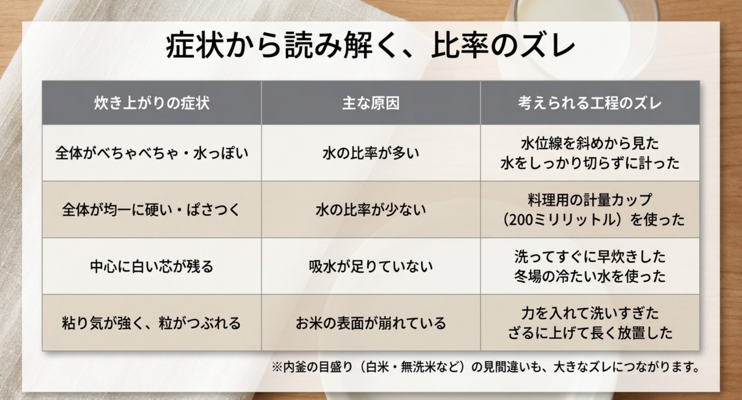 べちゃべちゃ・硬い・白い芯が残る・粒がつぶれるという4つの症状ごとに、主な原因と考えられる工程のずれを並べた表