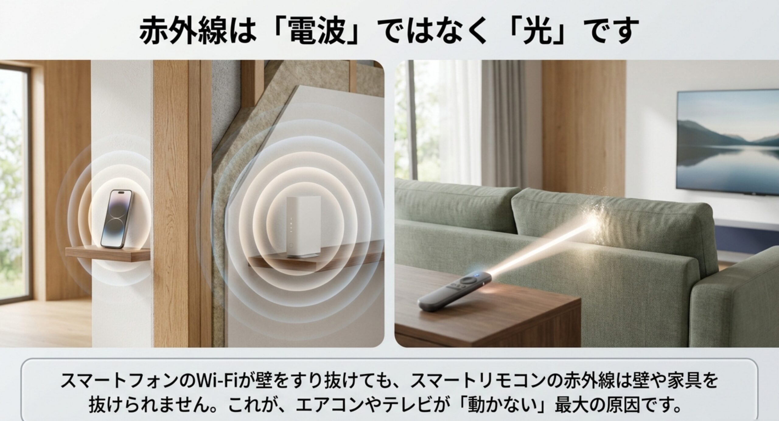 Wi-Fiの電波は壁をすり抜けるが赤外線は壁や家具に遮られることを比較した図版