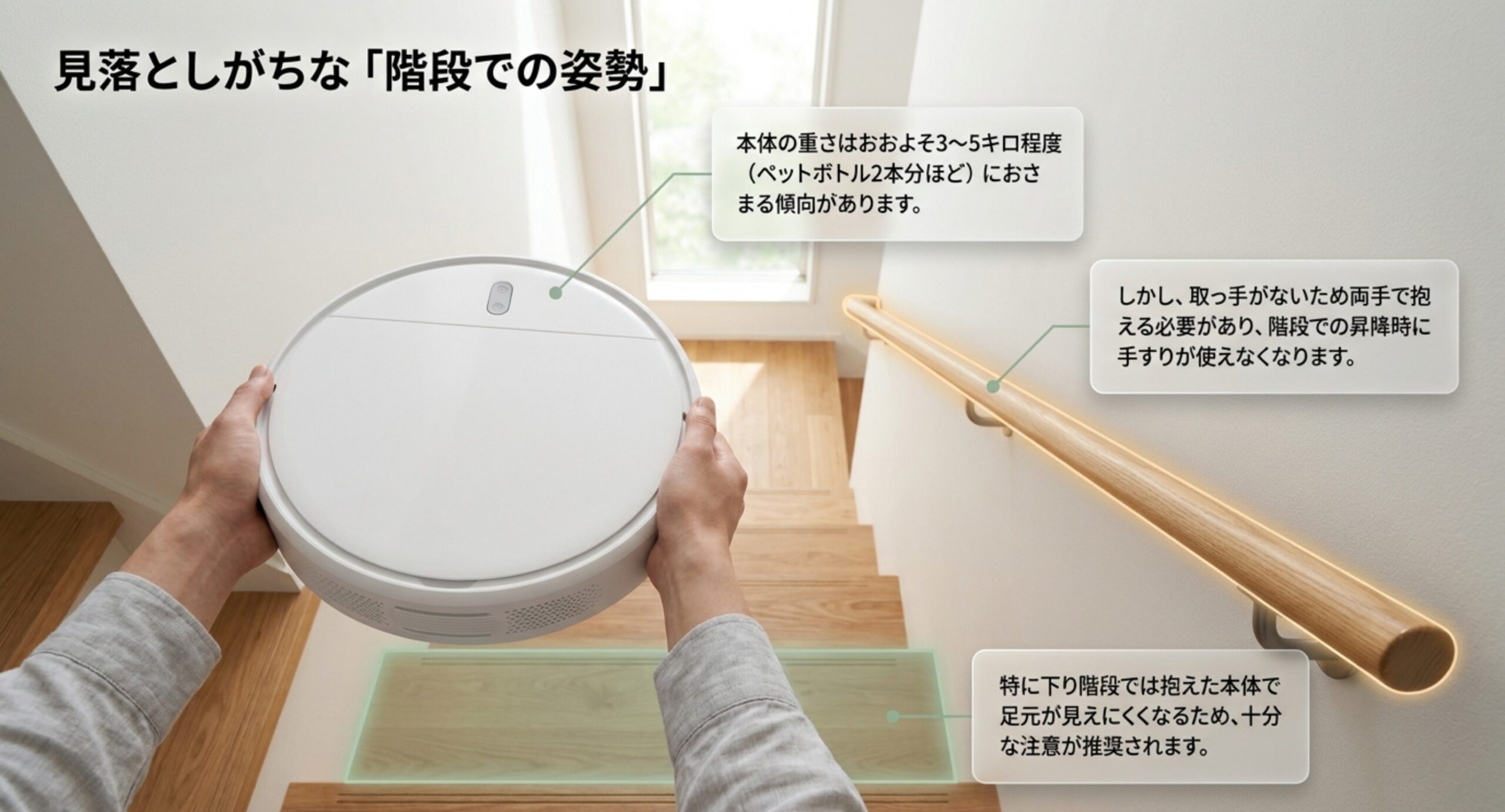 本体を両手で抱える様子と、重量の目安・取っ手がないため手すりが使えないこと・下り階段で足元が見えにくいことを示した図