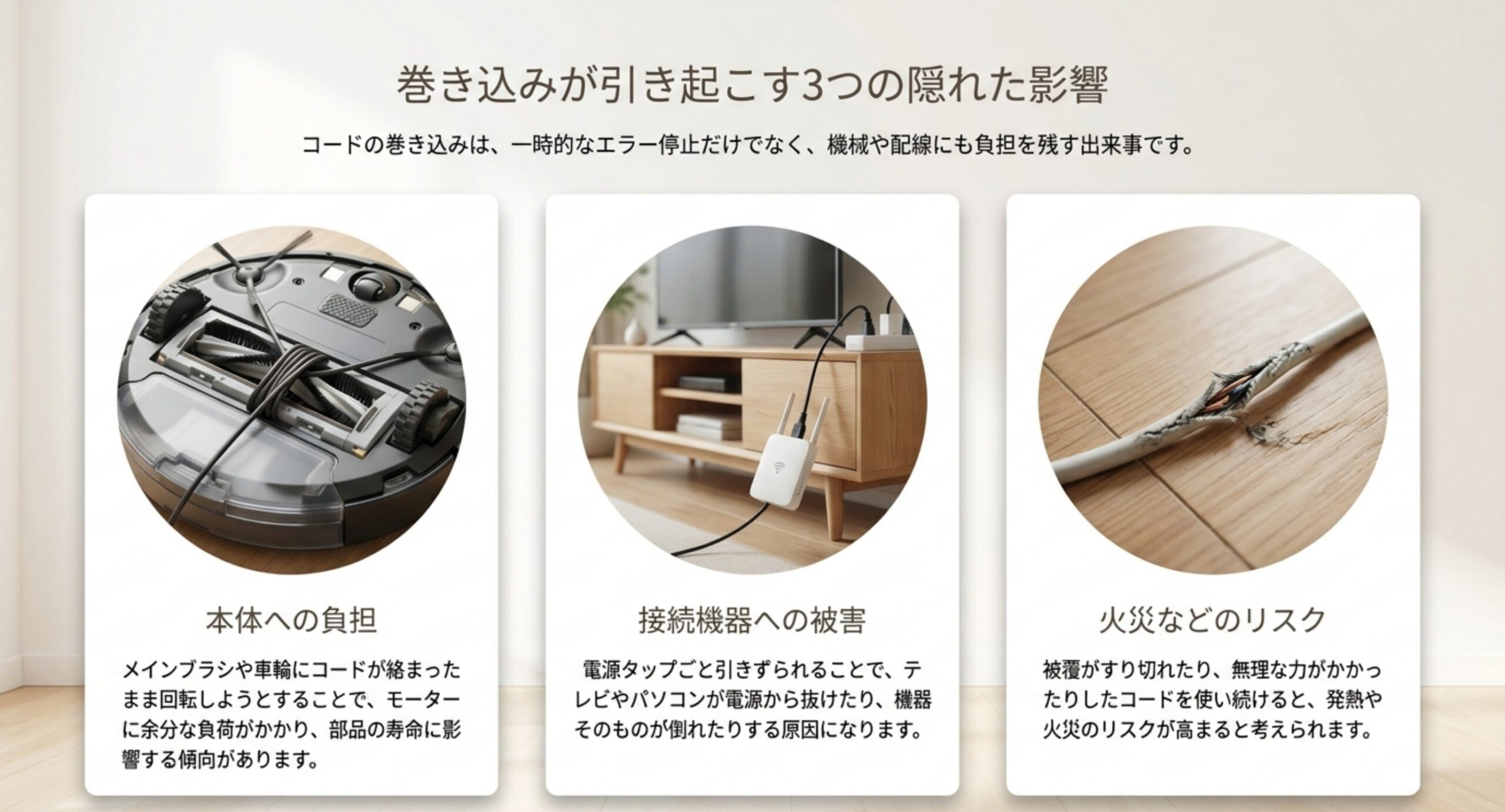 メインブラシへの絡まりによる本体への負担、電源タップが引きずられる接続機器への被害、被覆が傷んだコードの火災リスクを並べた図