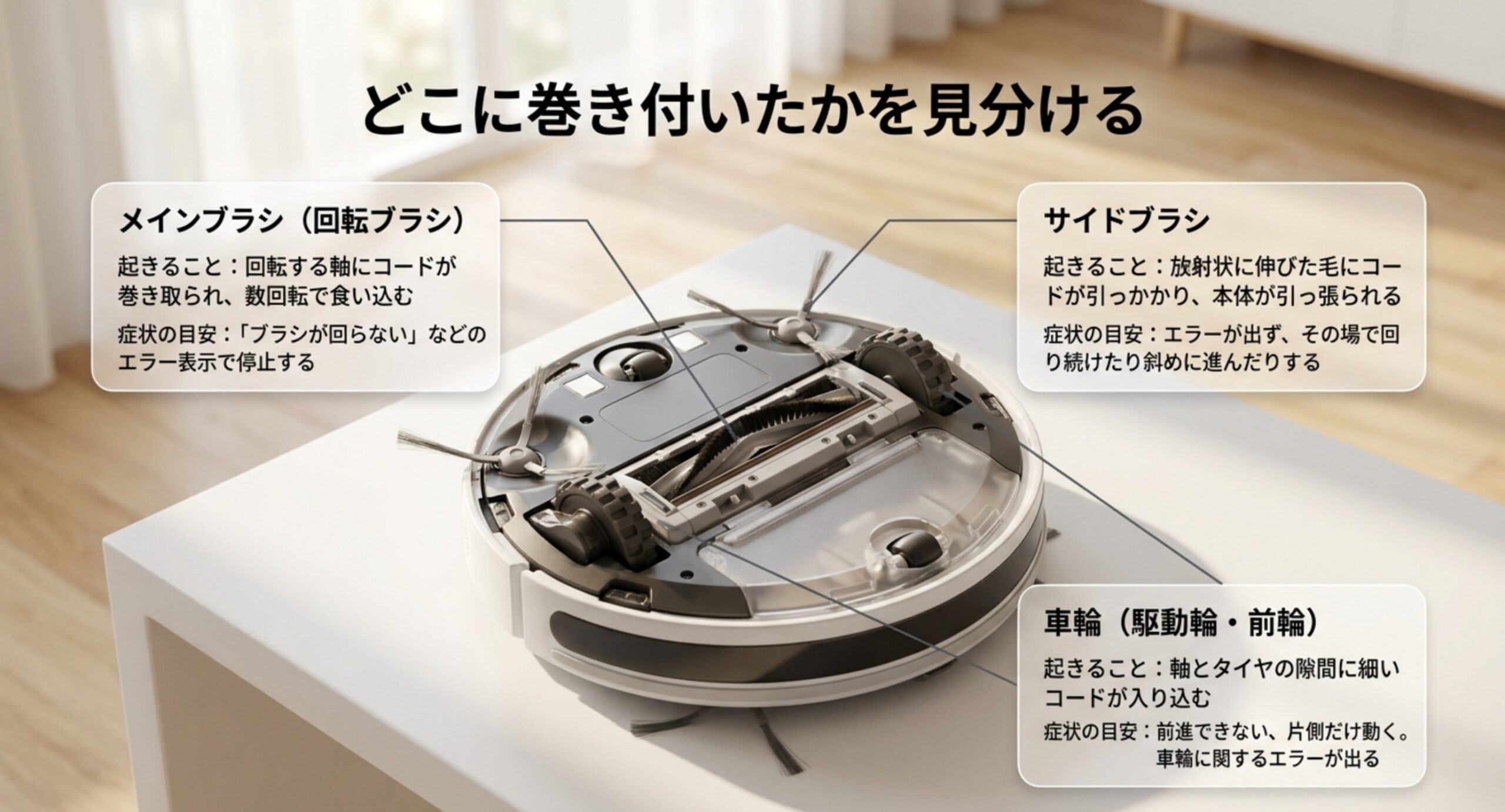 本体底面の図に、メインブラシ・サイドブラシ・車輪それぞれで起きることと症状の目安を示した図