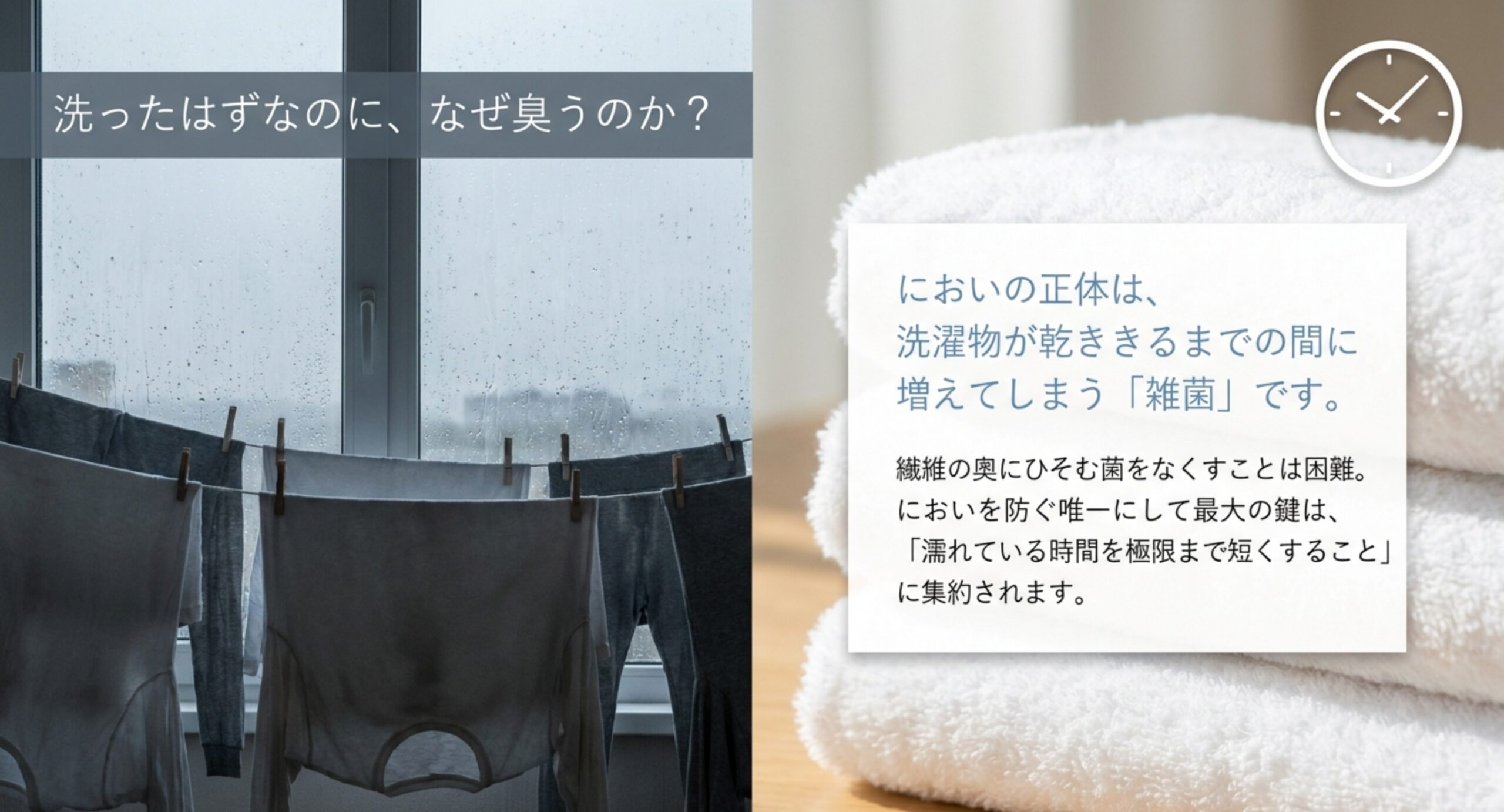 生乾き臭の正体は洗濯物が乾ききるまでに増える雑菌で、濡れている時間を短くすることが対策の鍵だと示した図