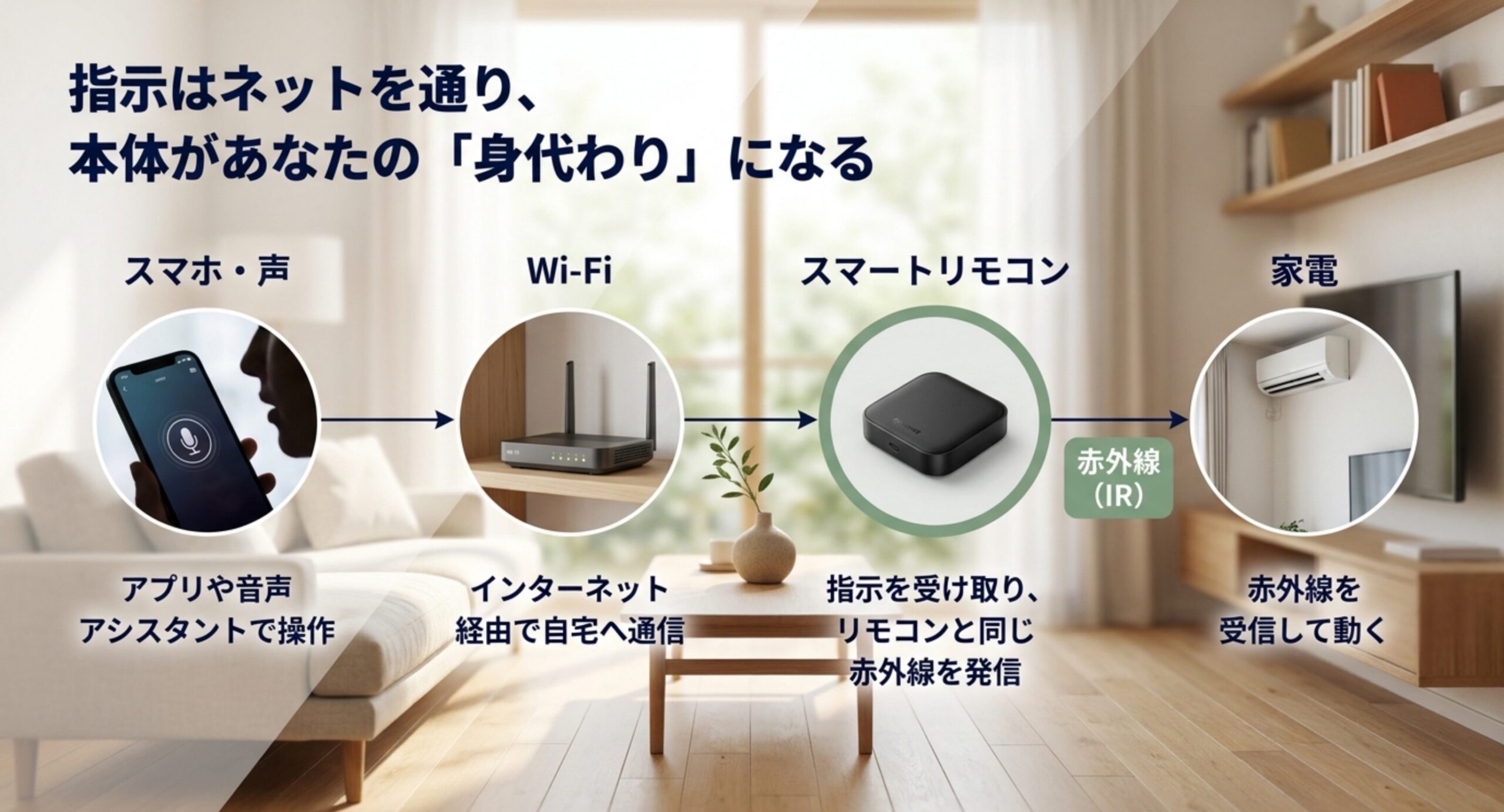 スマホや音声の指示がWi-Fi経由でスマートリモコン本体に届き、本体がリモコンと同じ赤外線を発信して家電が動く流れの図