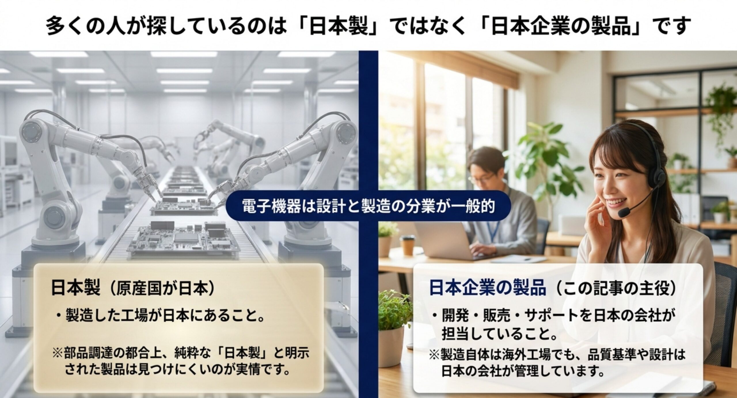 原産国が日本という意味の日本製と、開発・販売・サポートを日本の会社が担う日本企業の製品との違いを整理した図