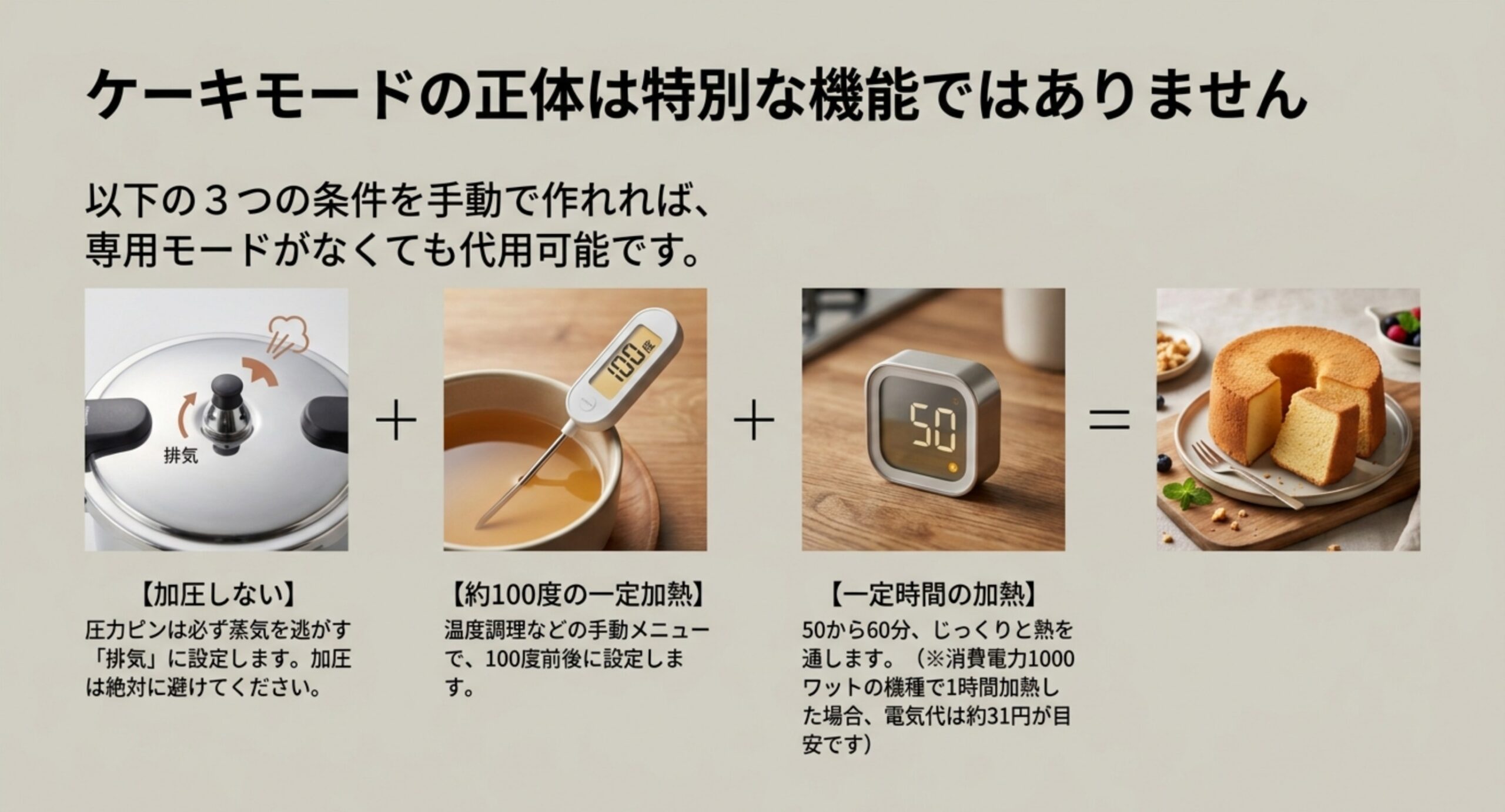 加圧しない排気設定、約100℃の温度、一定時間の加熱という3つの条件を並べ、専用モードがなくても代用できることを示す図
