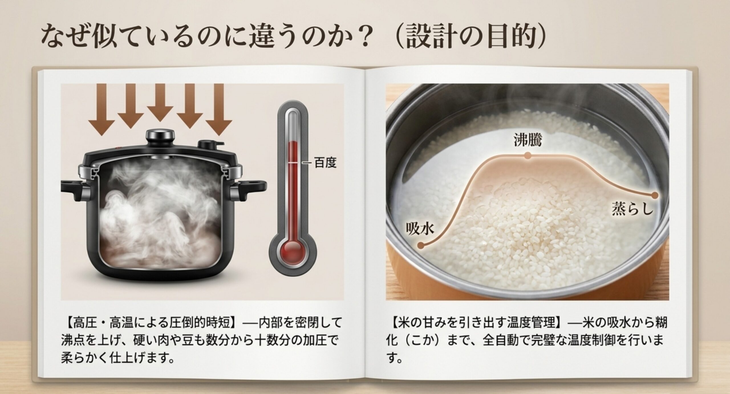 圧力で沸点を上げて時短する電気圧力鍋と、吸水から蒸らしまで温度制御する炊飯器の仕組みの違いを示した図