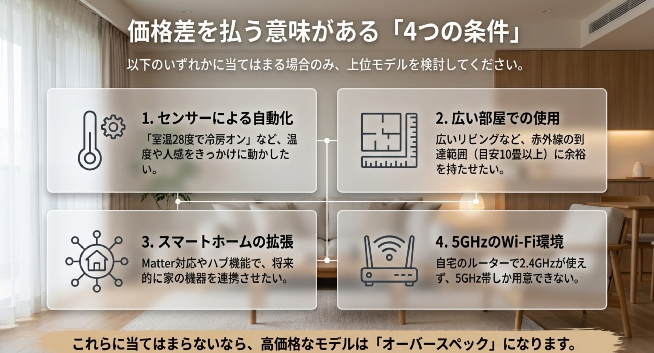 センサーによる自動化・広い部屋での使用・スマートホームの拡張・5GHzのWi-Fi環境という、上位モデルを検討する価値がある4つの条件