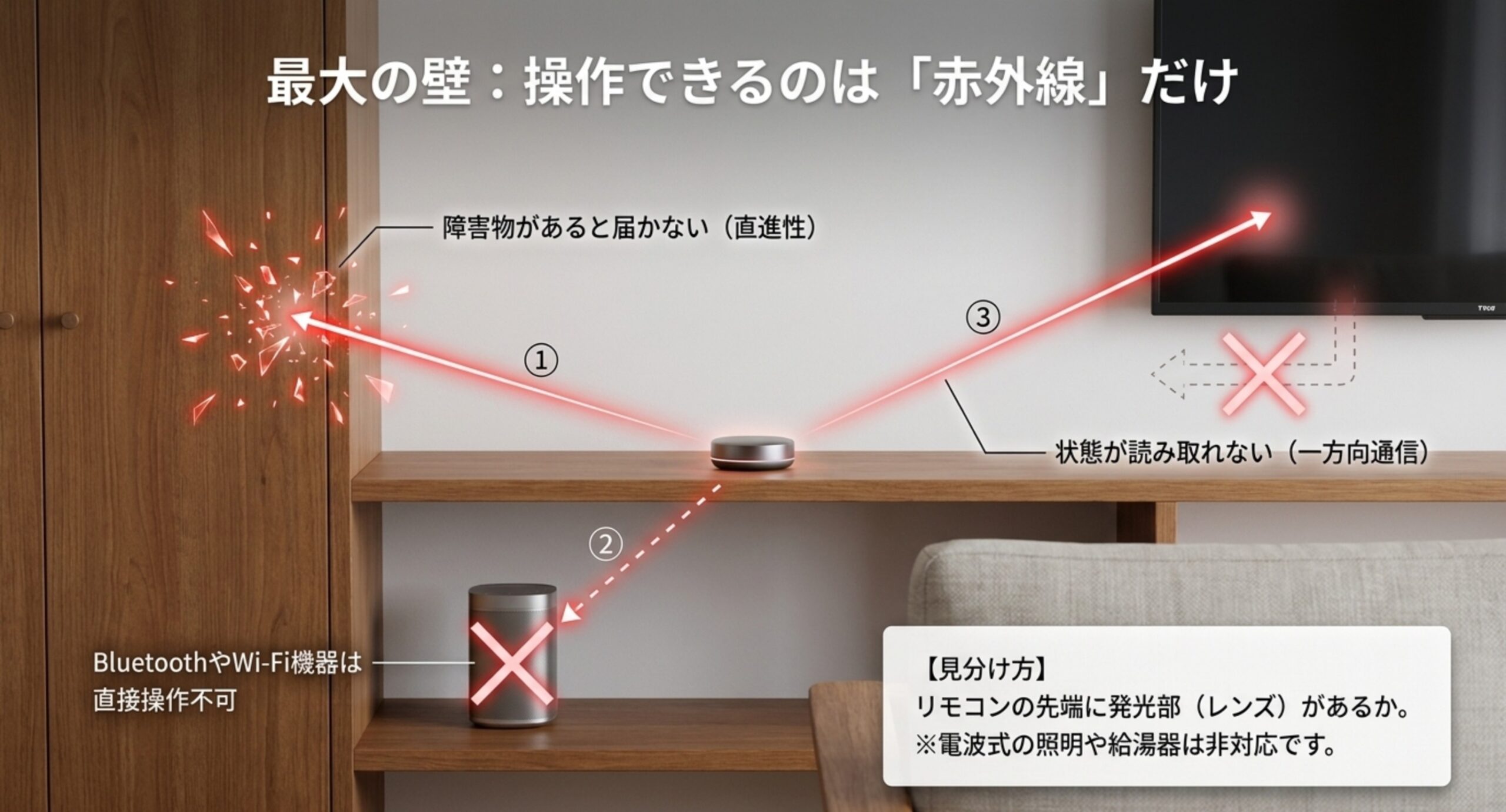 赤外線の直進性で障害物があると届かないこと、BluetoothやWi-Fi機器は直接操作できないこと、一方向通信で状態が読み取れないことを示した図