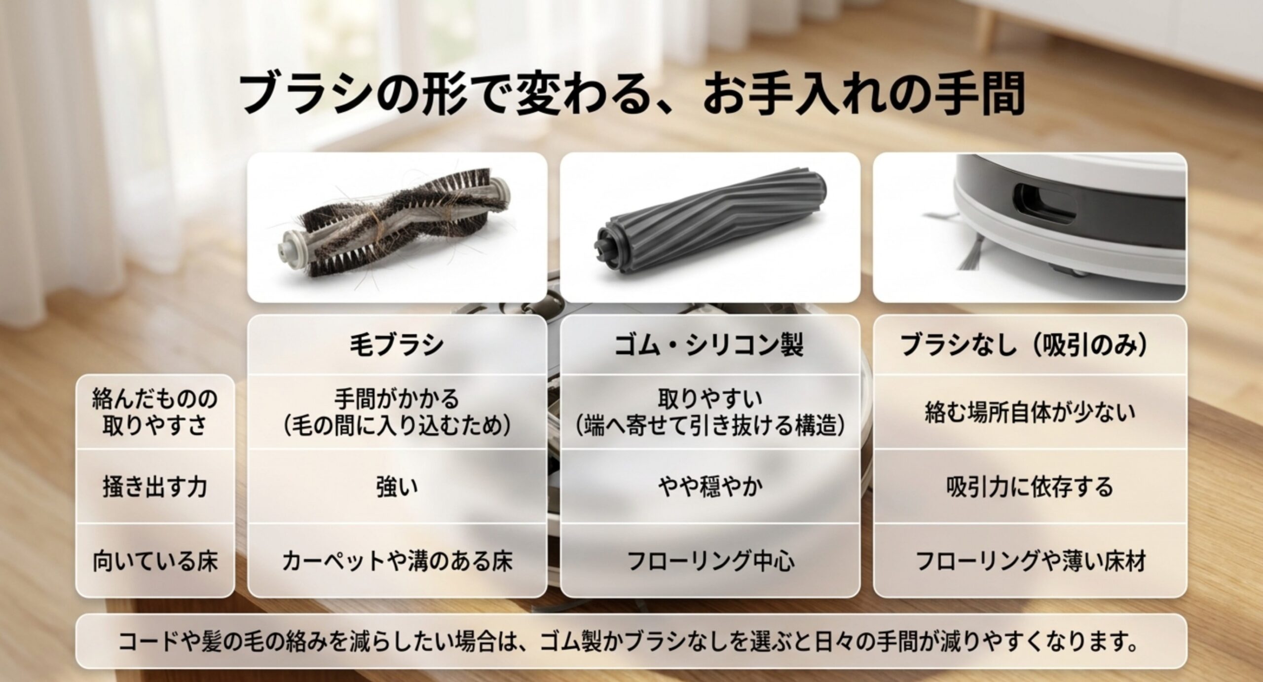 毛ブラシ・ゴムシリコン製・ブラシなしの3種類を、絡んだものの取りやすさ・掻き出す力・向いている床で比較した表