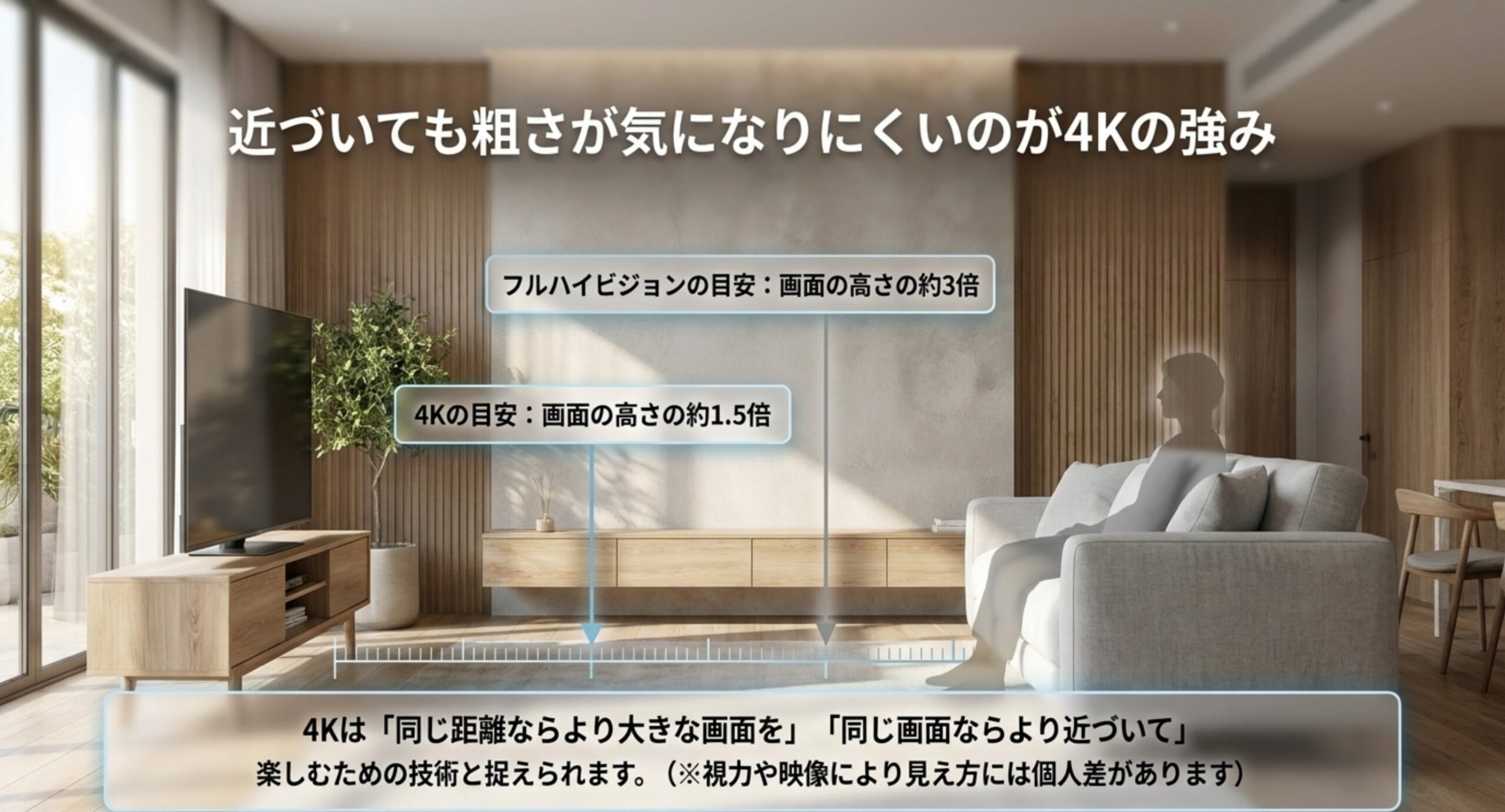 リビングの床に距離の目盛りを重ね、フルハイビジョンは画面の高さの約3倍、4Kは約1.5倍が目安であることを示した図